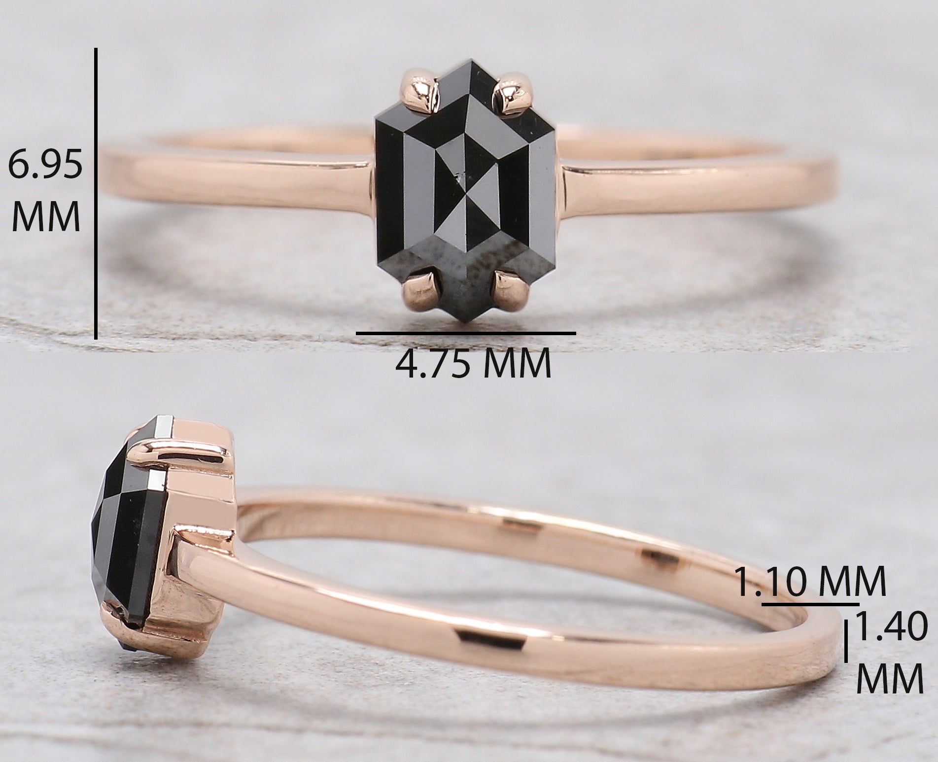 Hexagon Black Color Diamond Ring 0.88 Ct 6.70 MM Hexagon Shape Diamond Ring 14K Solid Rose Gold Silver Engagement Ring Gift For Her QN2274