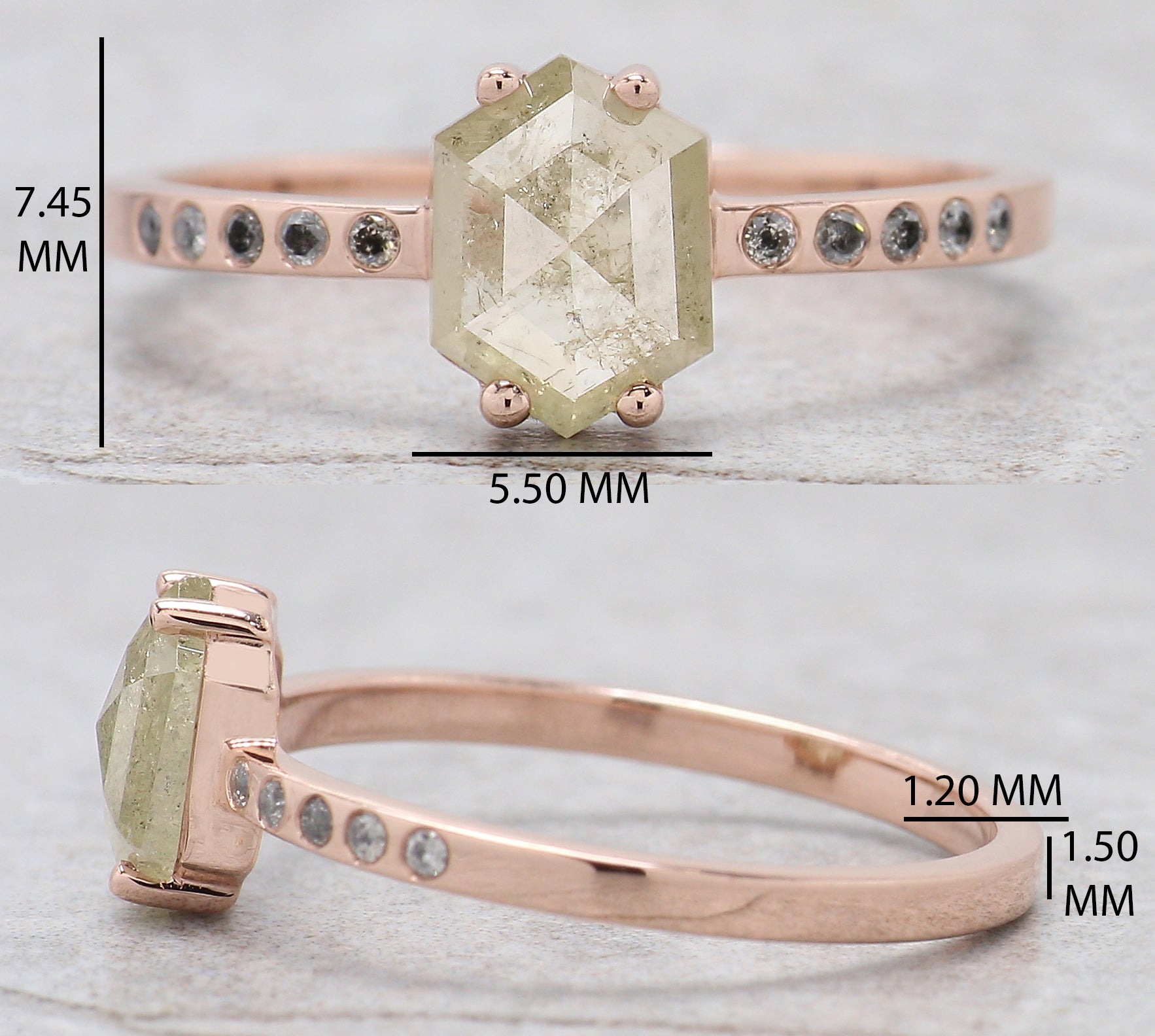 Hexagon Grey Color Diamond Ring 0.75 Ct 7.45 MM Hexagon Shape Diamond Ring 14K Solid Rose Gold Silver Engagement Ring Gift For Her QK2097