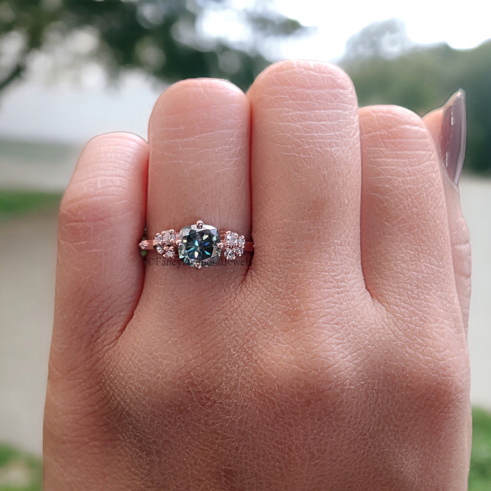 Muse Engagement Ring for Women 1.25 TW Cushion Fancy Cut Cyan Blue Moissanite Ring Hidden Halo Ring Wedding Ring for Her Comfort Fit FD08