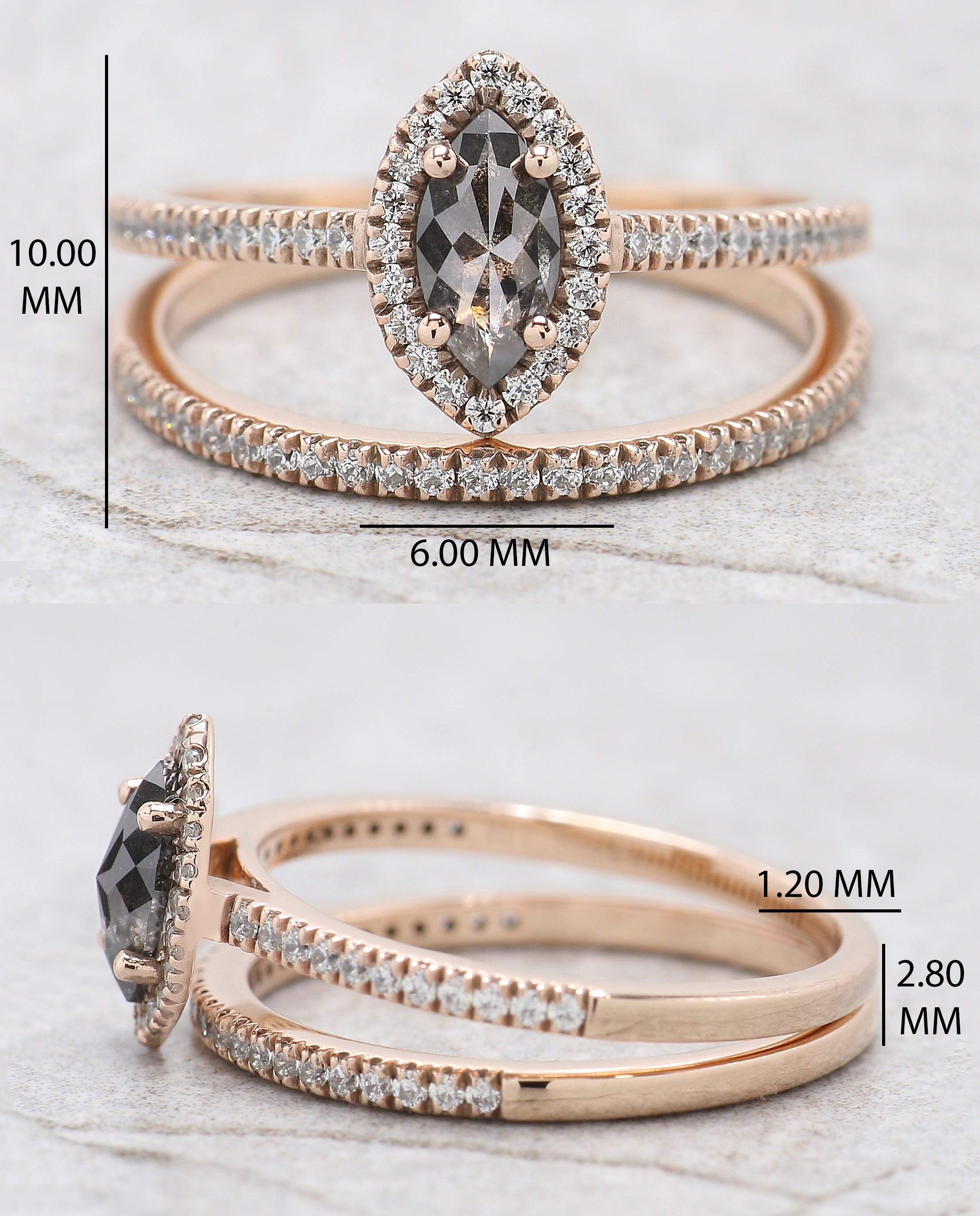 Marquise Cut Salt And Pepper Diamond Ring 0.41 Ct 6.99 MM Marquise Diamond Ring 14K Rose Gold Silver Engagement Ring Gift For Her KDN2490-1