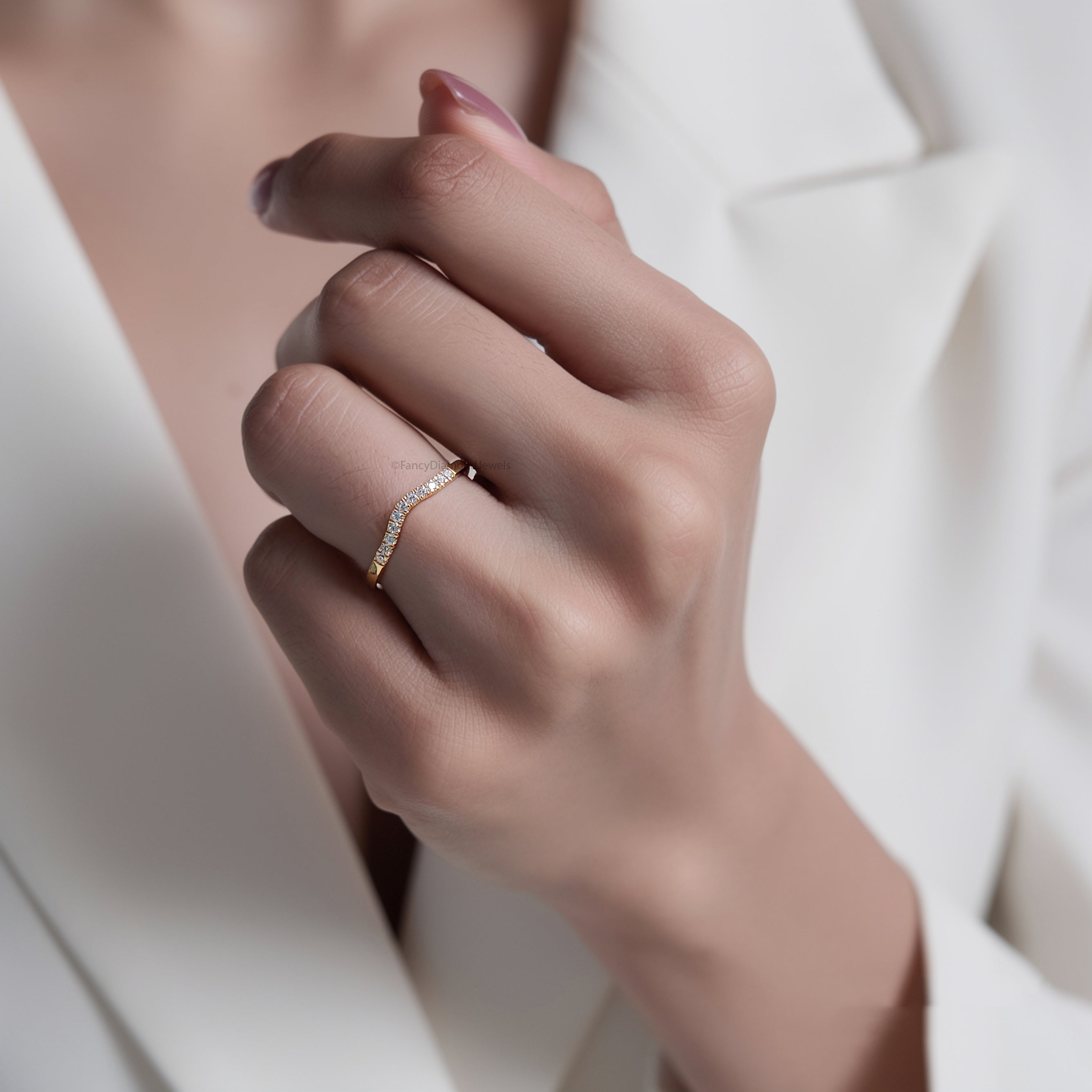 Lab Grown Diamond Band 14k Yellow Gold Curved Wedding Band For Women Pave Set Tiny Diamond Stacking Ring Minimalist Band Ring For Her FD570