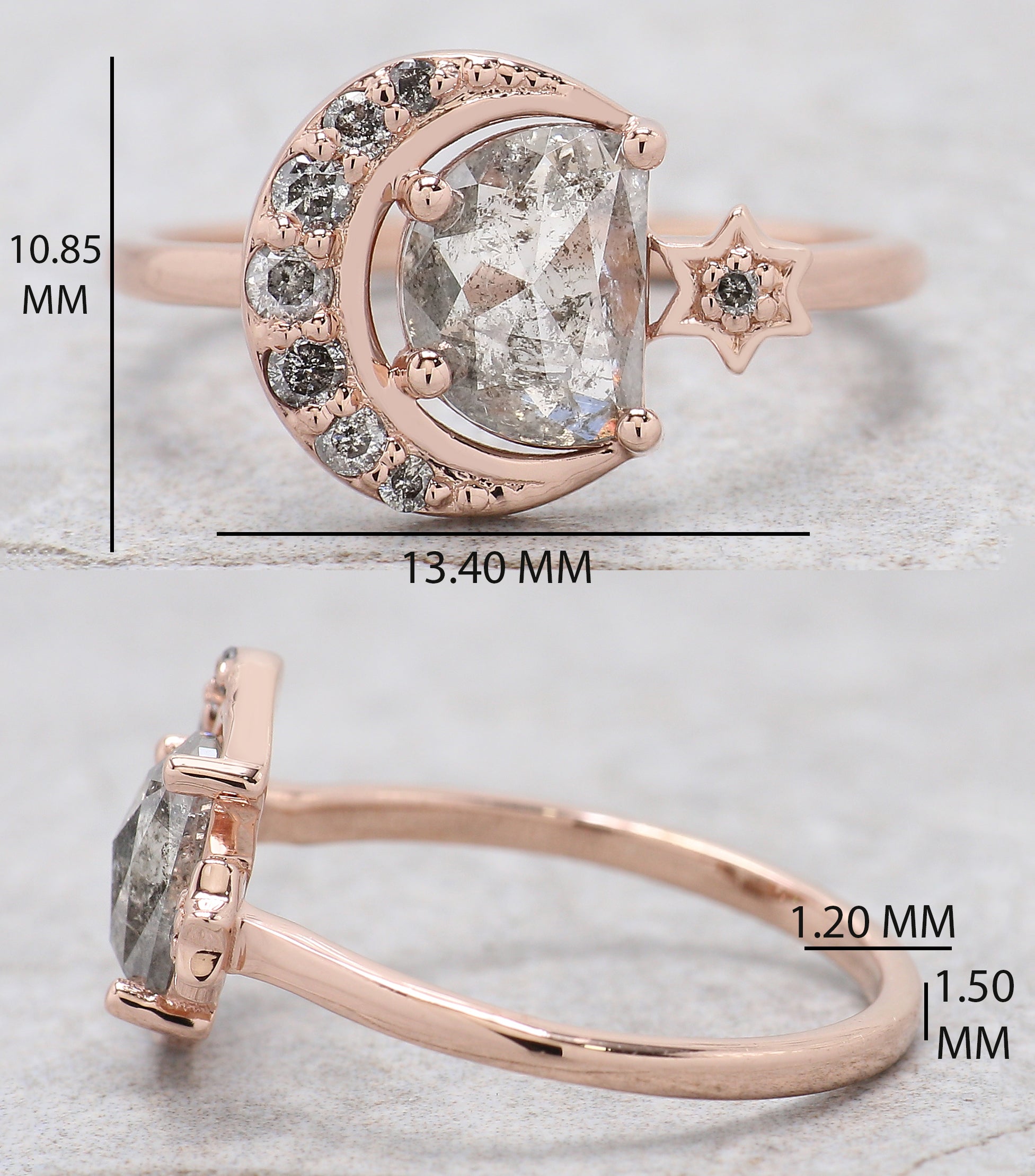 Half Moon Salt And Pepper Diamond Ring 0.94 Ct 7.30 MM Half Moon Diamond Ring 14K Solid Rose Gold Silver Engagement Ring Gift For Her QN725