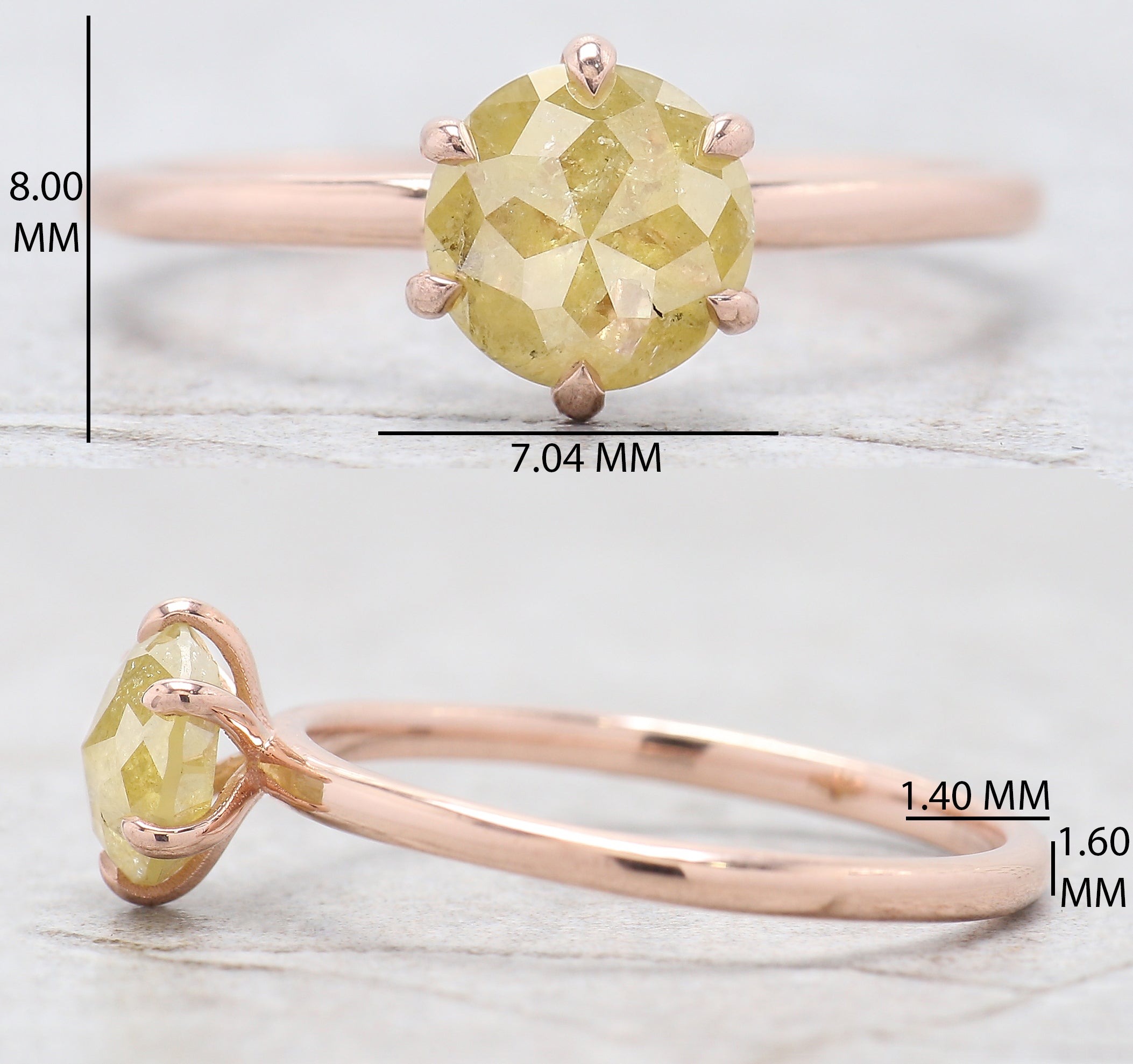 Round Rose Cut Yellow Color Diamond Ring 1.07 Ct 6.41 MM Round Shape Diamond Ring 14K Rose Gold Silver Engagement Ring Gift For Her QK2496