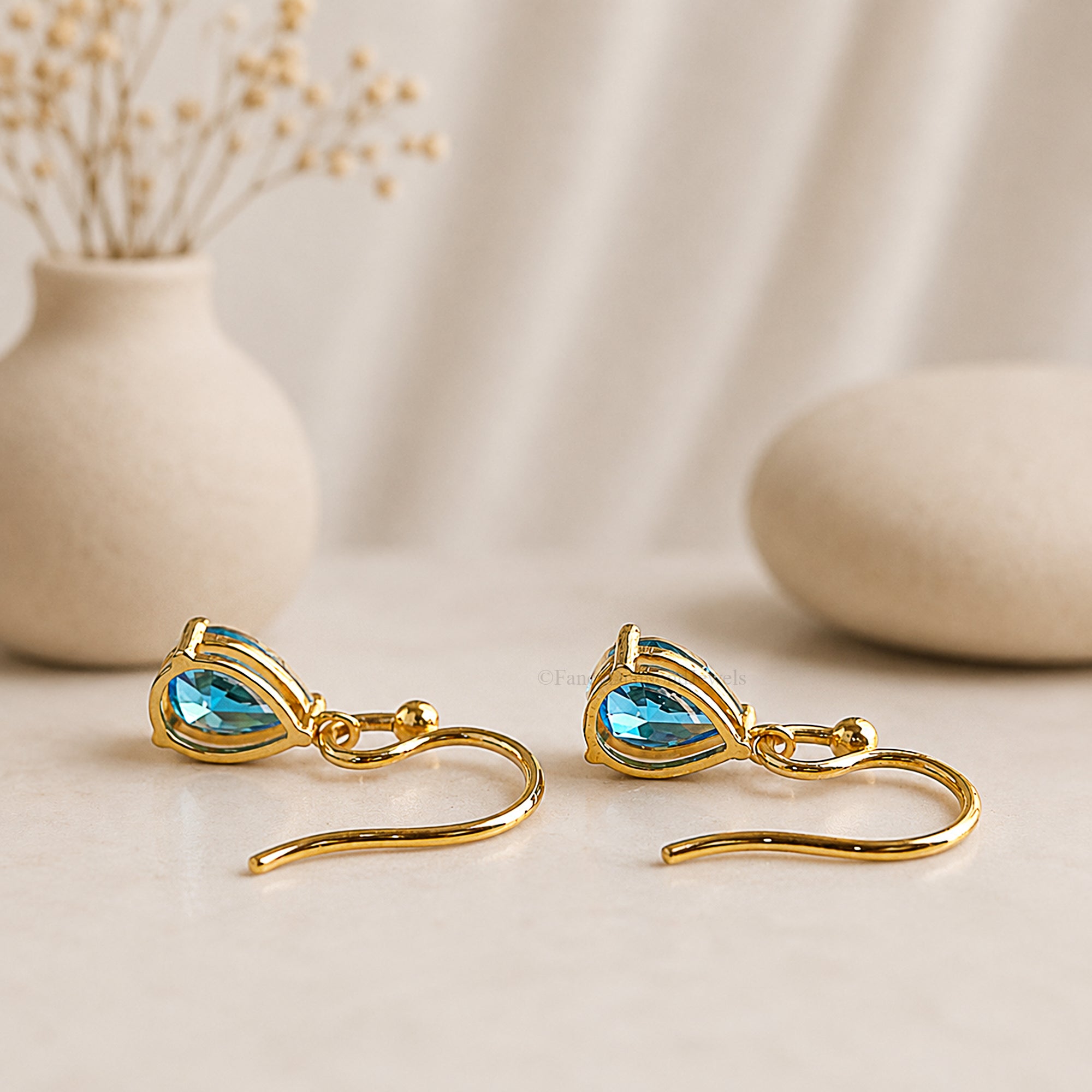 Pear Shape Topaz Blue CZ Droplet Drop Earrings in Sterling Silver, Wedding Earrings, Dainty Anniversary Gift For Her, Hook Earrings FD598