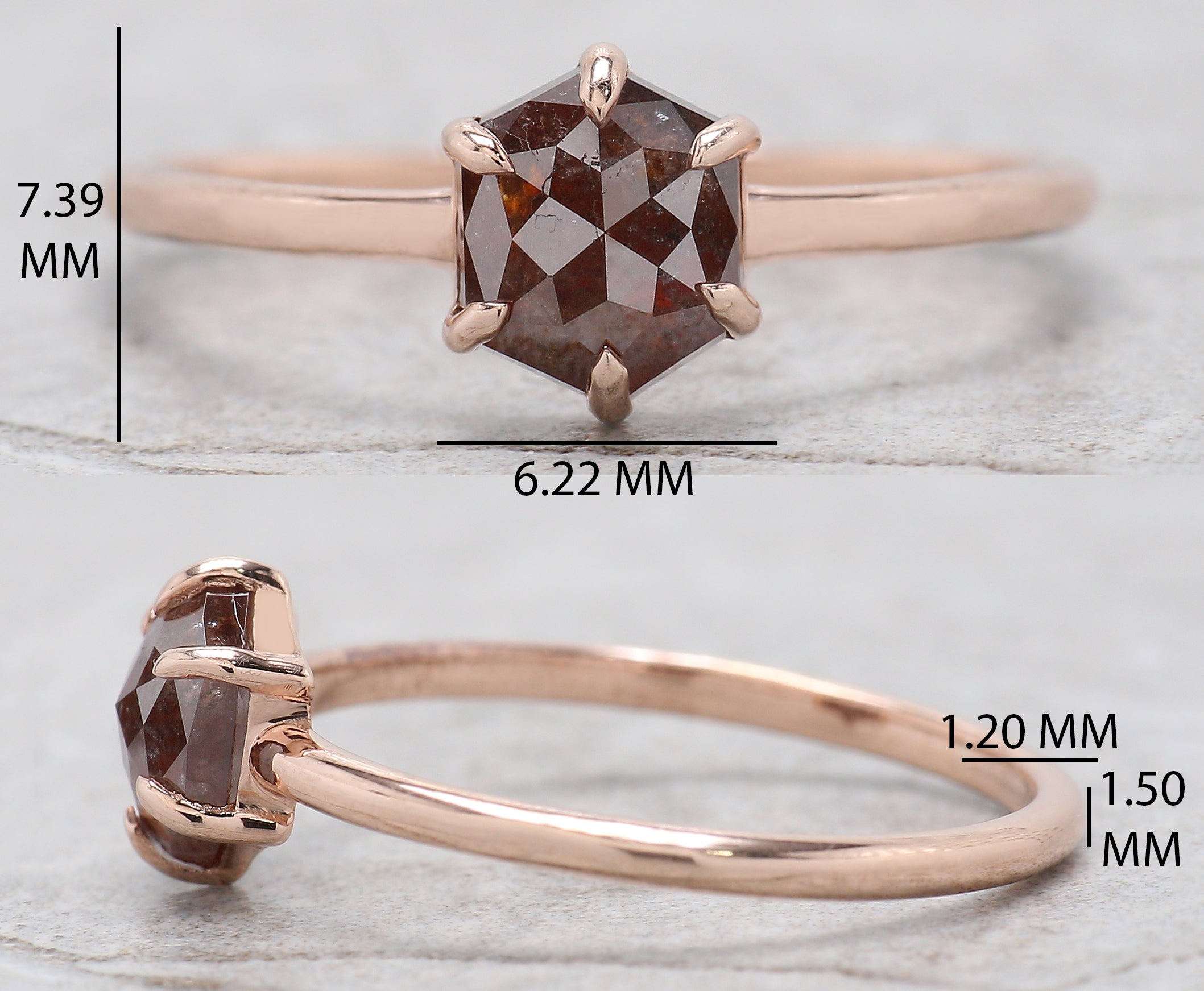 Hexagon Brown Color Diamond Ring 0.96 Ct 6.78 MM Hexagon Shape Diamond Ring 14K Solid Rose Gold Silver Engagement Ring Gift For Her QL2850