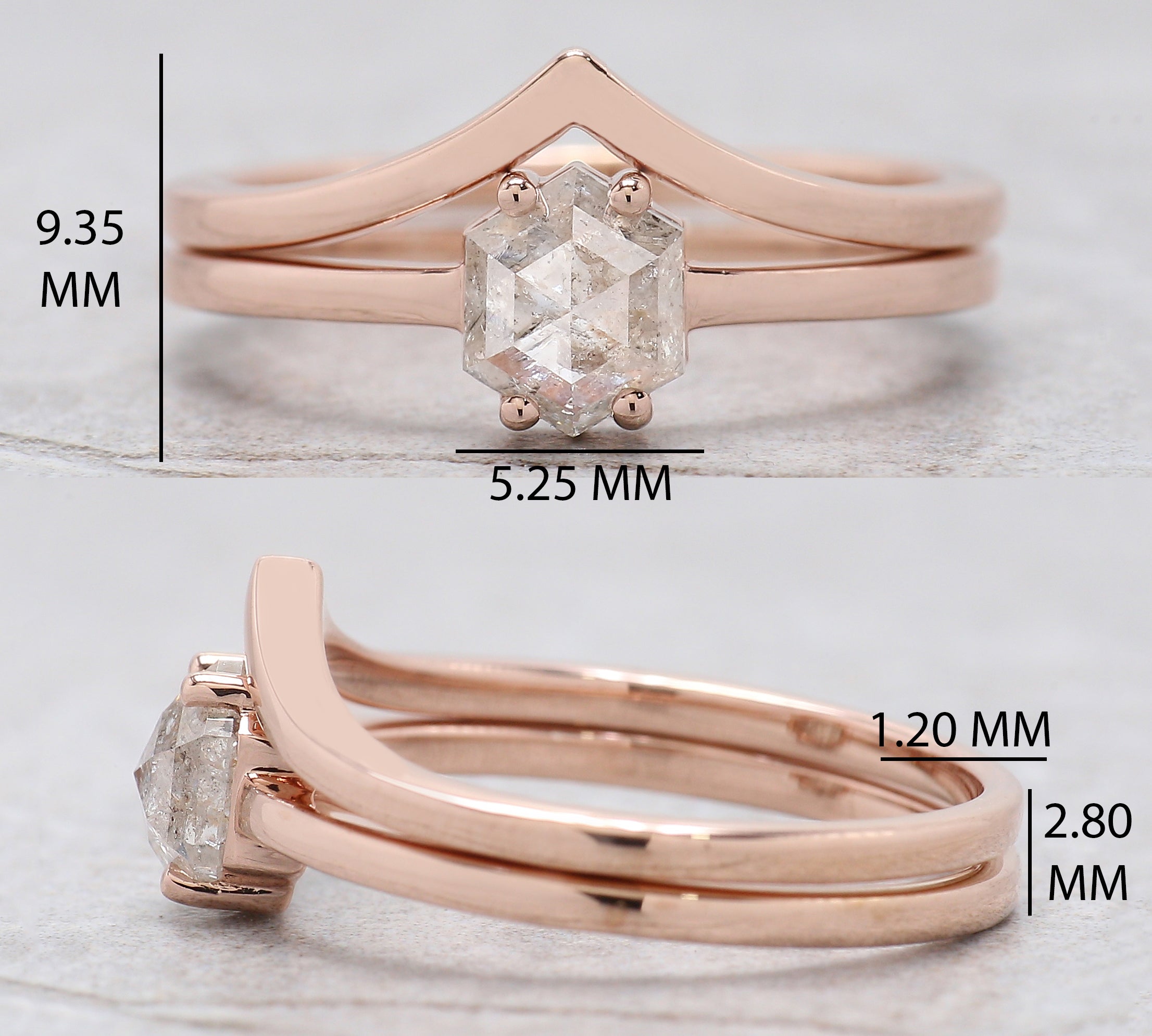 Hexagon Cut Salt And Pepper Diamond Ring 0.78 Ct 6.15 MM Hexagon Diamond Ring 14K Solid Rose Gold Silver Engagement Ring Gift For Her QN2183