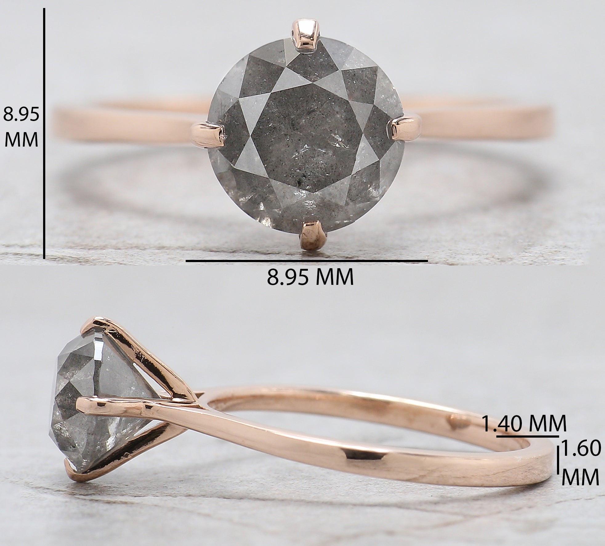 Round Cut Salt And Pepper Diamond Ring 2.11 Ct 7.50 MM Round Diamond Ring 14K Solid Rose Gold Silver Engagement Ring Gift For Her QK1991