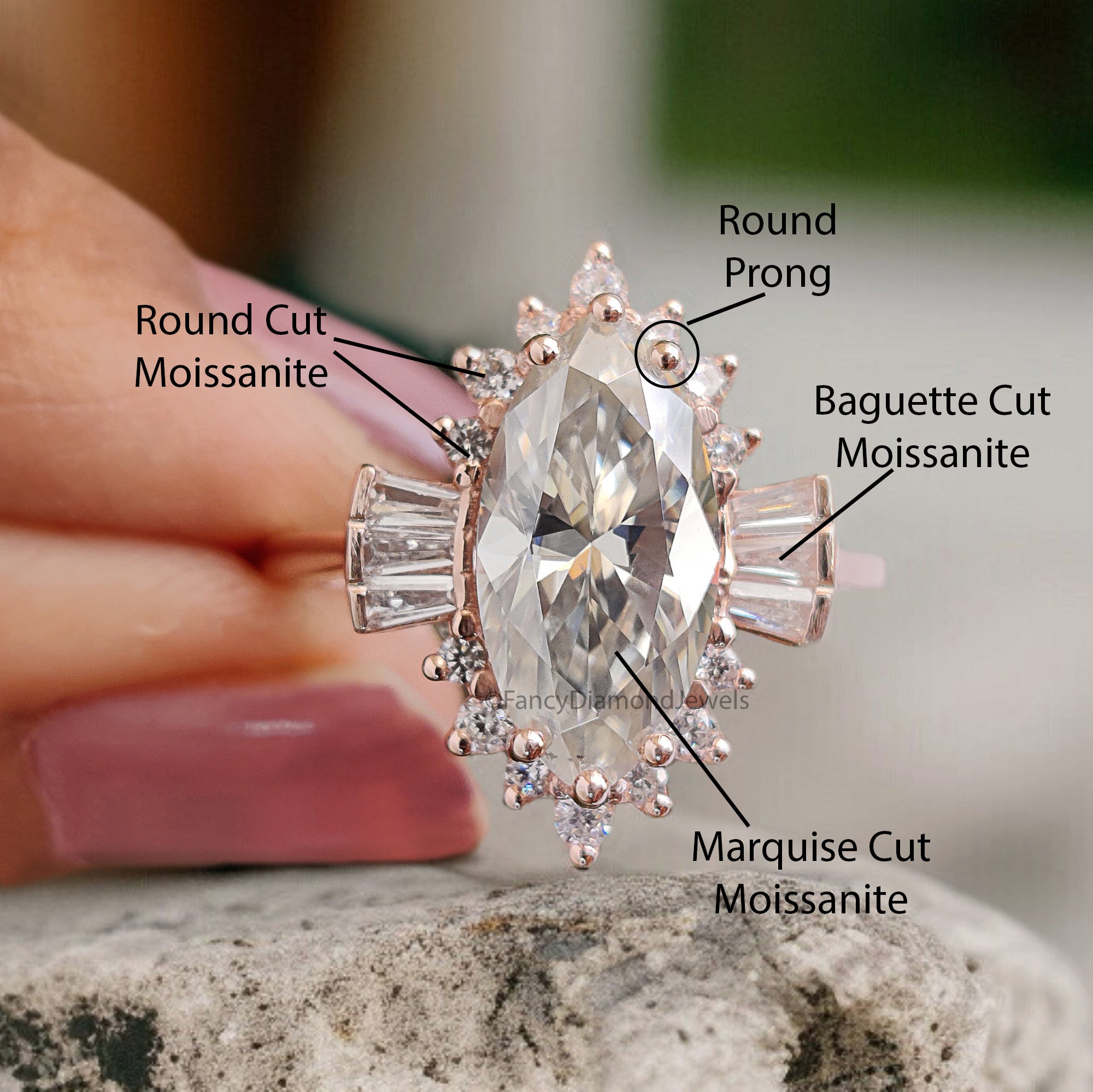 2.00 CT Marquise Cut Moissanite Engagement Ring with Side Baguette Moissanite Ring Bridal Ring Rose Gold Ring Wedding Promise Ring FD334