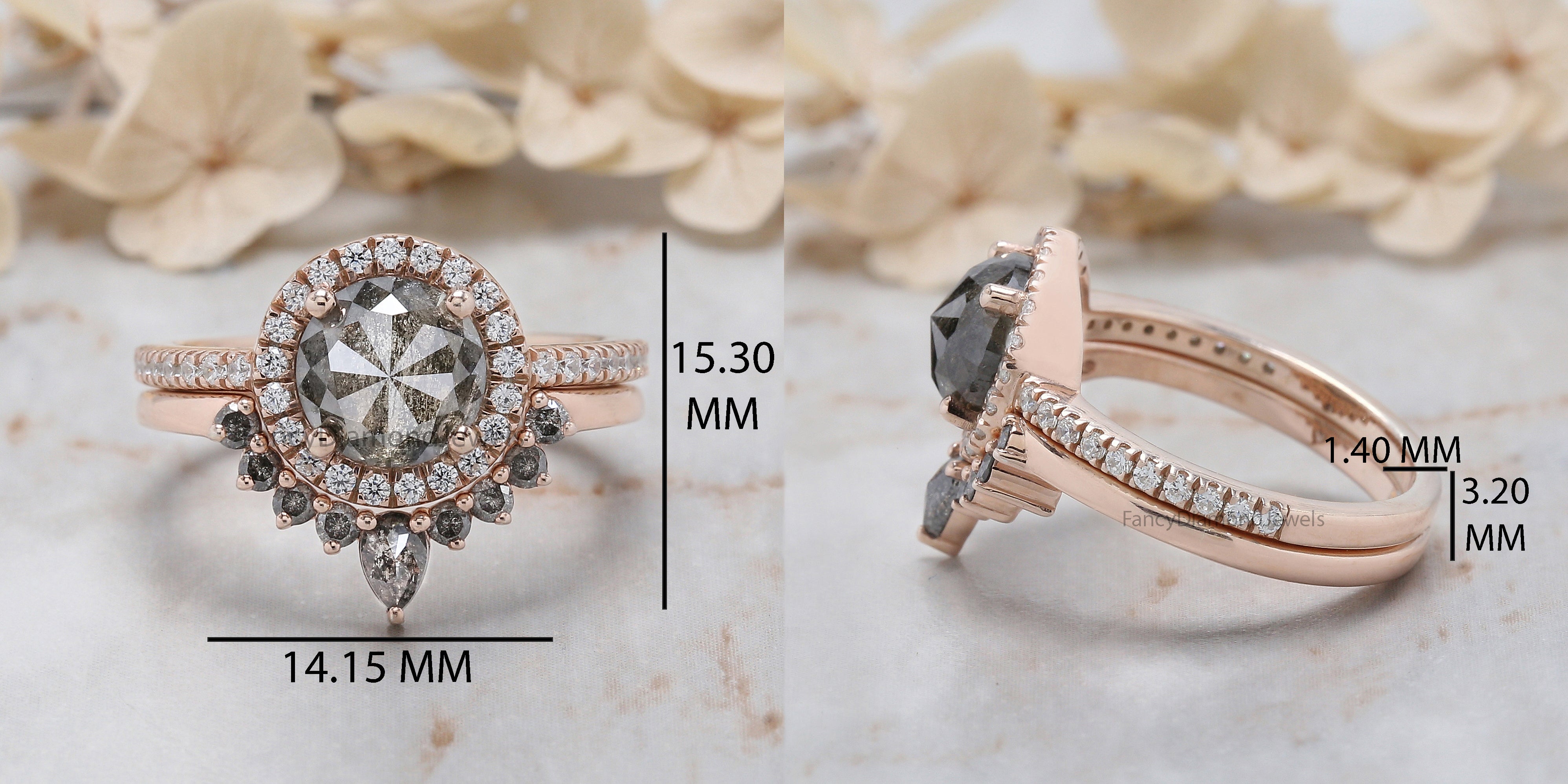 Round Rose Cut Salt And Pepper Diamond Ring 1.69 Ct 7.36 MM Round Diamond Ring 14K Rose Gold Silver Engagement Ring Gift For Her QL1949