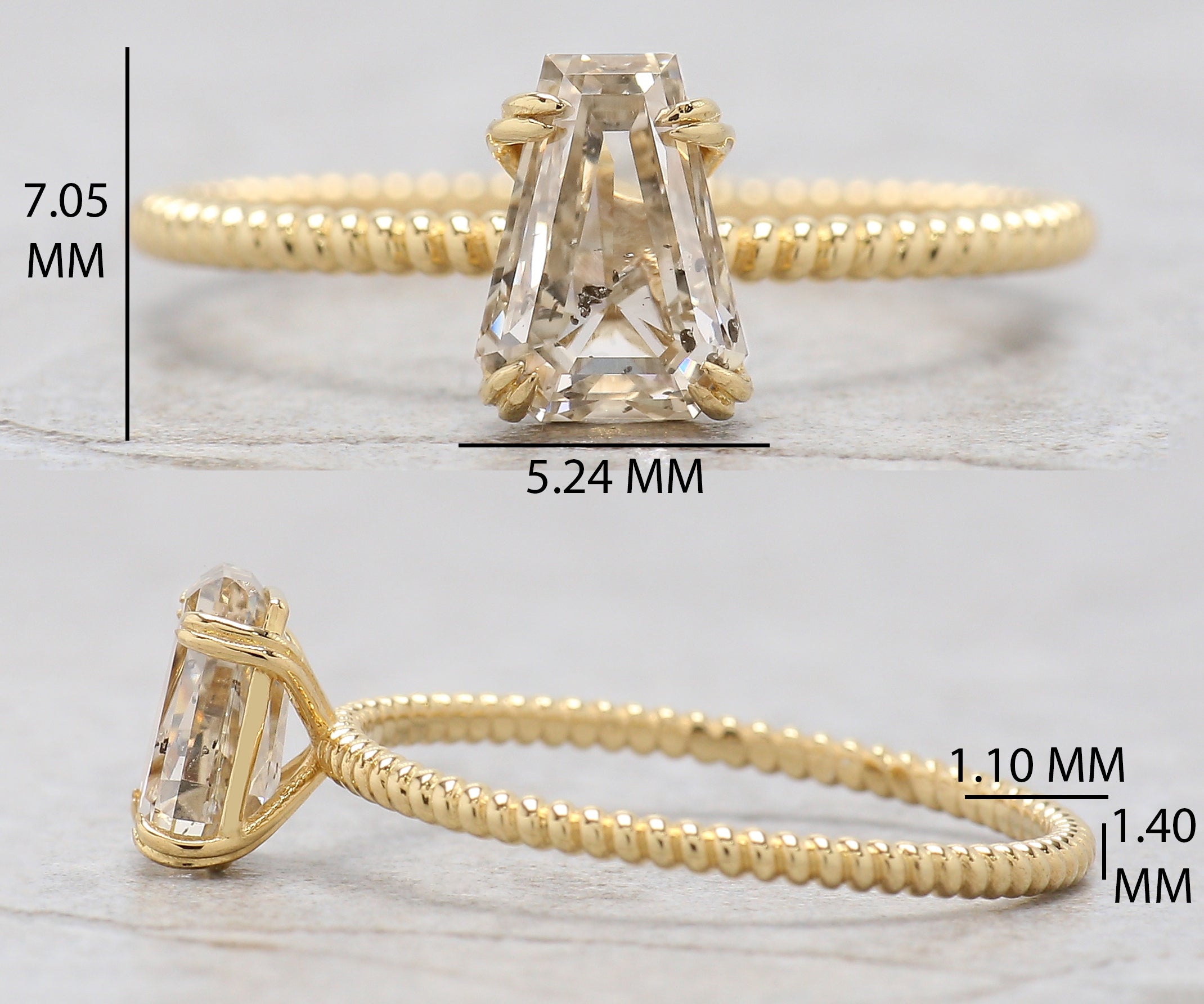 Coffin Shape White-I Color Diamond Ring 1.02 Ct 7.07 MM Coffin Diamond Engagement Ring 14K Yellow Gold Ring Unique Rope Band Ring KDL2659