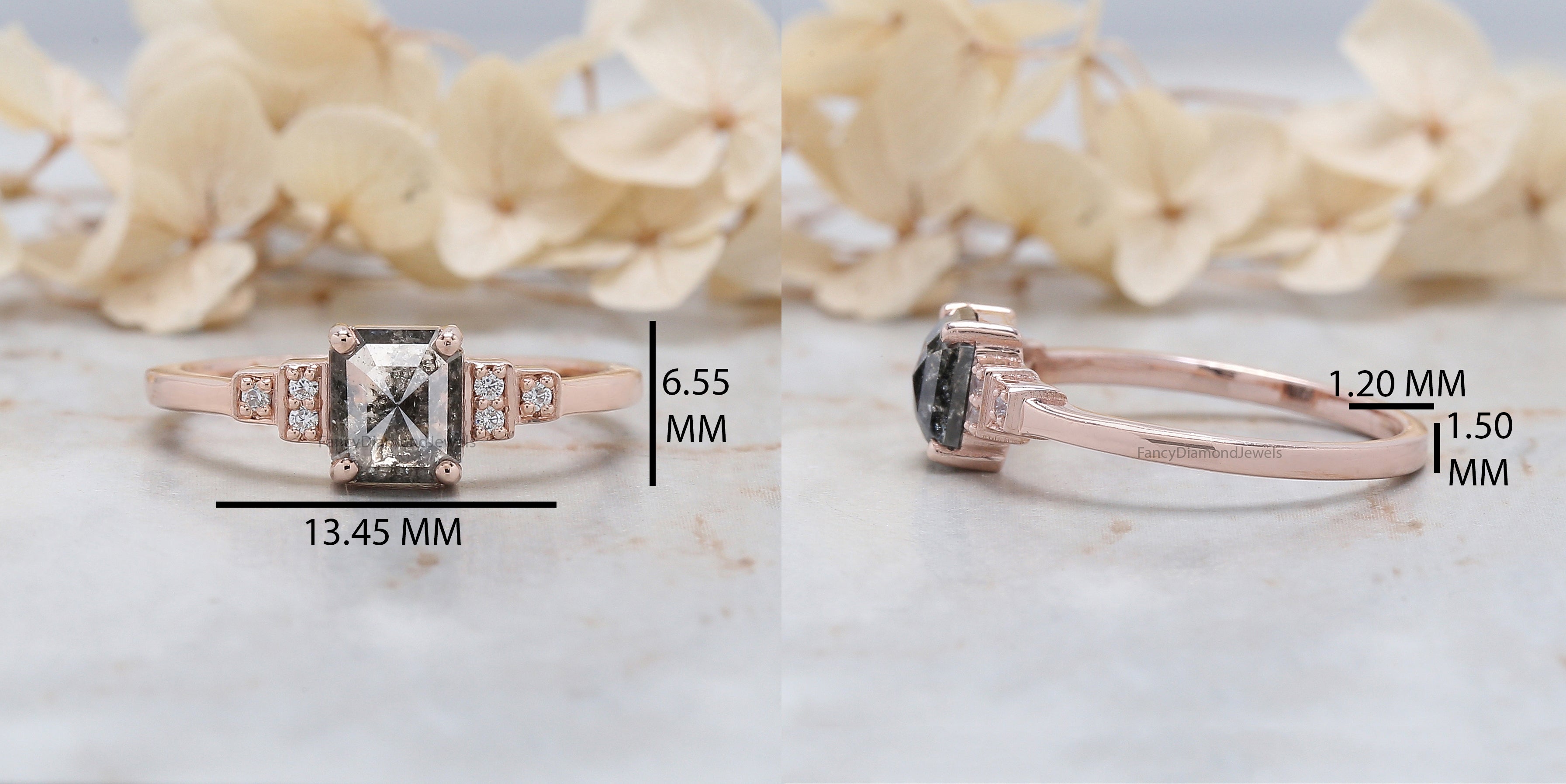 Emerald Salt And Pepper Diamond Ring 0.96 Ct 6.25 MM Emerald Diamond Ring 14K Solid Rose Gold Silver Engagement Ring Gift For Her QL1205
