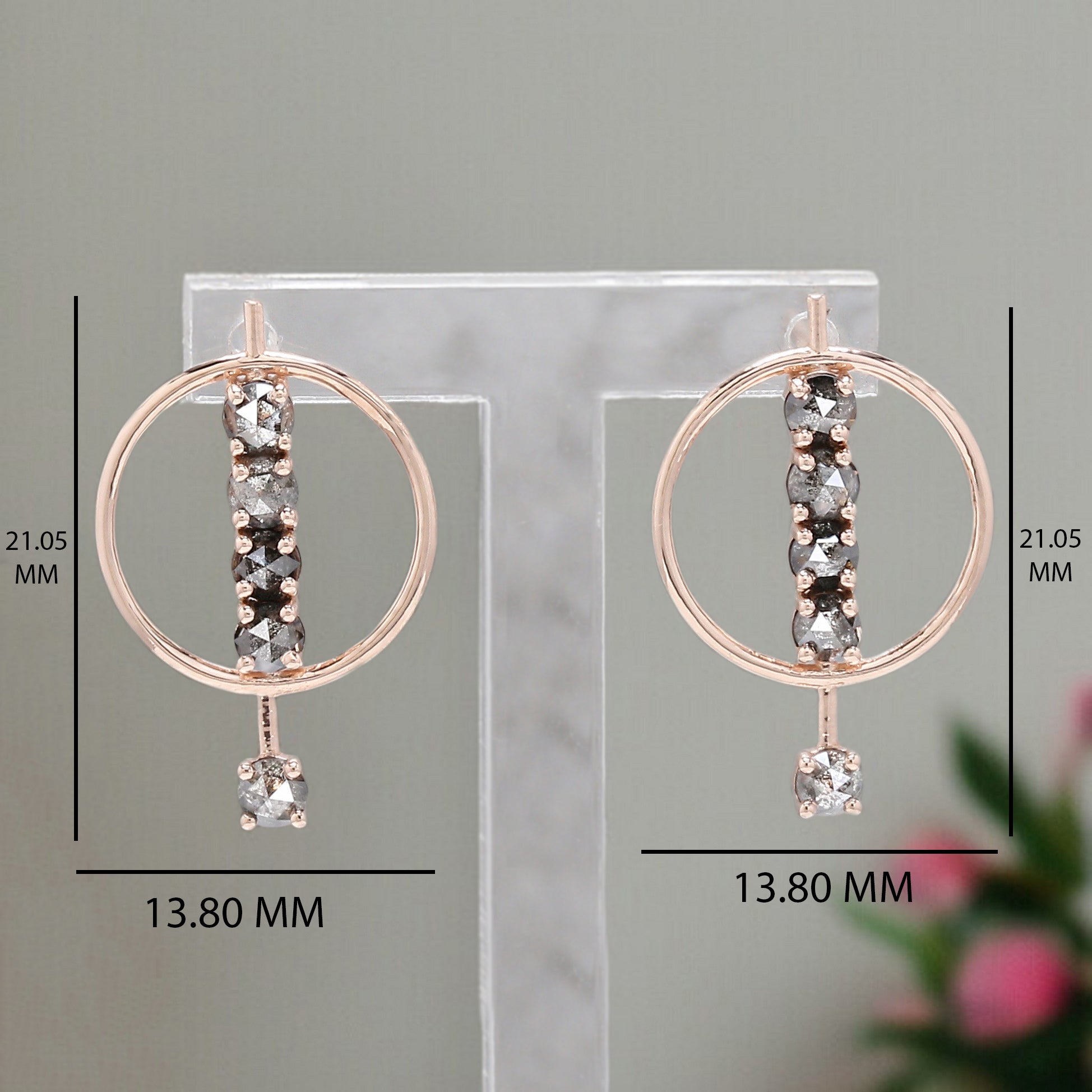 Round Rose Cut Salt And Pepper Diamond Earring 1.15 Ct 2.85 MM Round Diamond Earring 14K Solid Rose Gold Silver Earring Gift For Her KDN2305