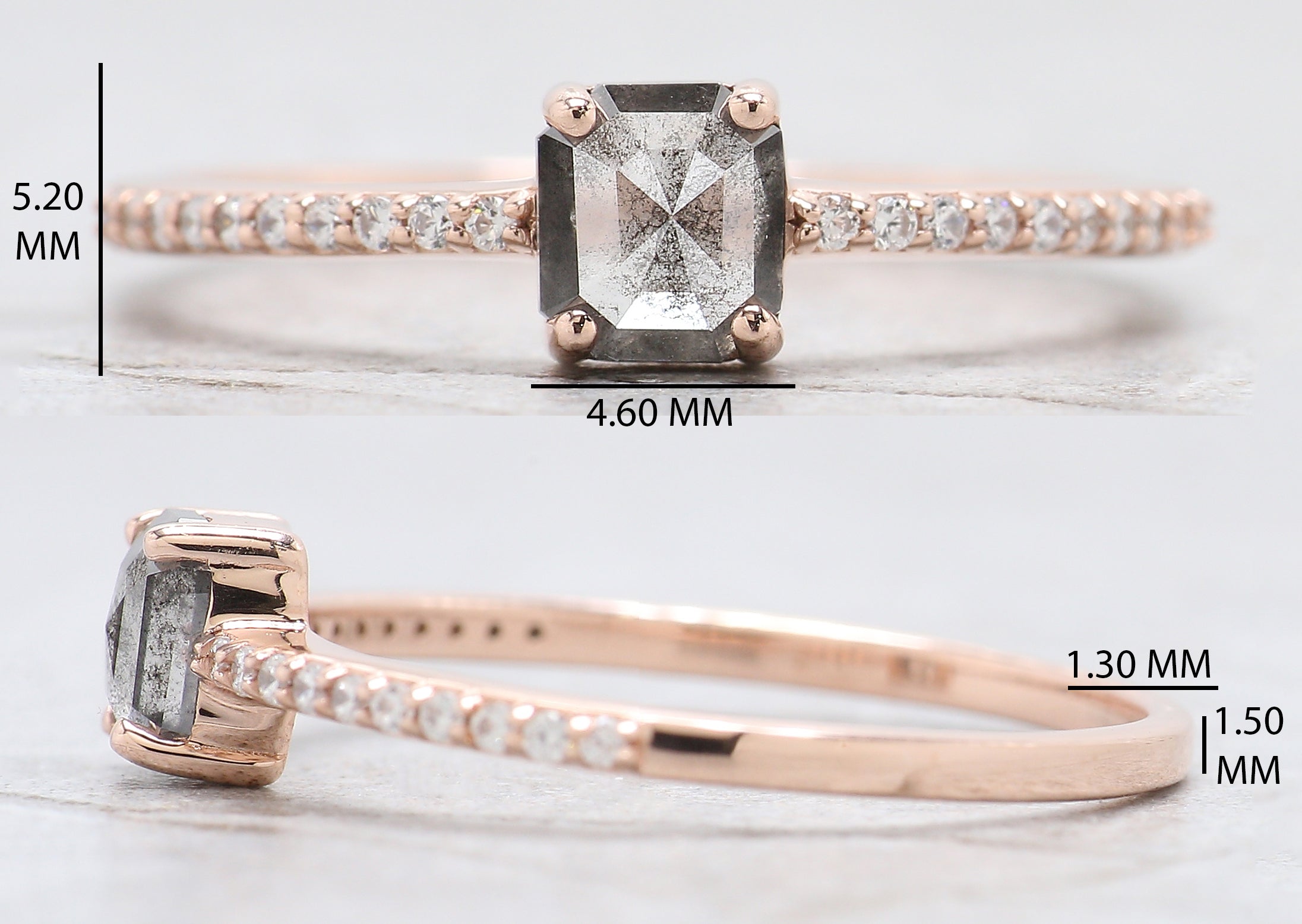 Emerald Cut Salt And Pepper Diamond Ring 0.50 Ct 5.10 MM Emerald Diamond Ring 14K Solid Rose Gold Silver Engagement Ring Gift For Her QL6484