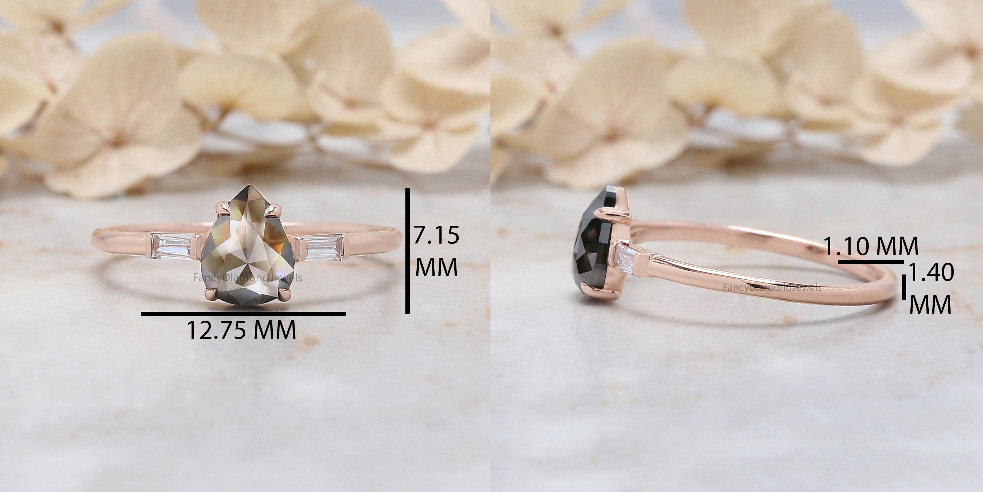 Pear Cut Black Color Diamond Ring 0.72 Ct 7.05 MM Pear Brown Diamond Ring 14K Solid Rose Gold Silver Pear Engagement Ring Gift For Her QN124