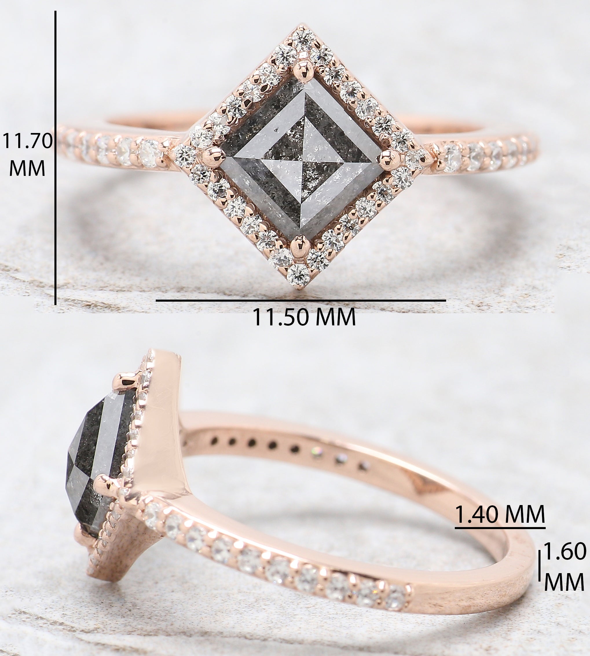 1.16 Ct Natural Kite Shape Salt And Pepper Diamond Ring 7.90 MM Kite Cut Diamond Ring 14K Solid Rose Gold Silver Engagement Ring QN1266