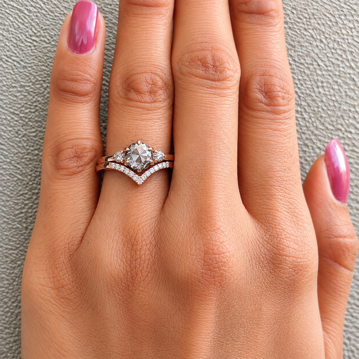 Round Rose Cut Salt and Pepper Diamond Ring, 14K Rose Gold Round Engagement Ring, Bridal Ring Set, Unique Diamond Ring Gift for Her KDL3613