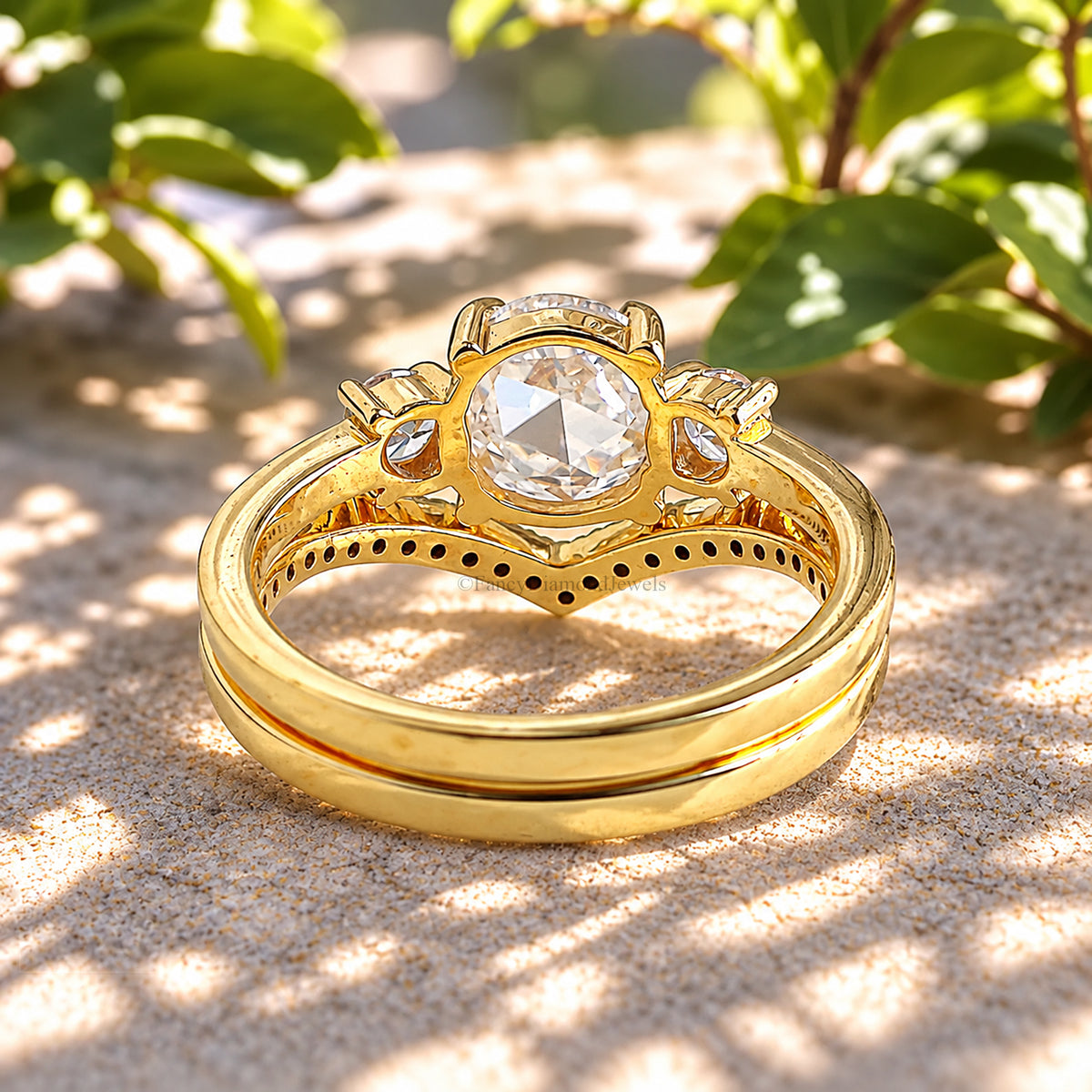 1.50 CT Round Rose Cut Engagement Ring Set In Solid Yellow 10K/14k/18k Gold Round Solitaire Engagement Ring Bridal Wedding Ring Set FD609