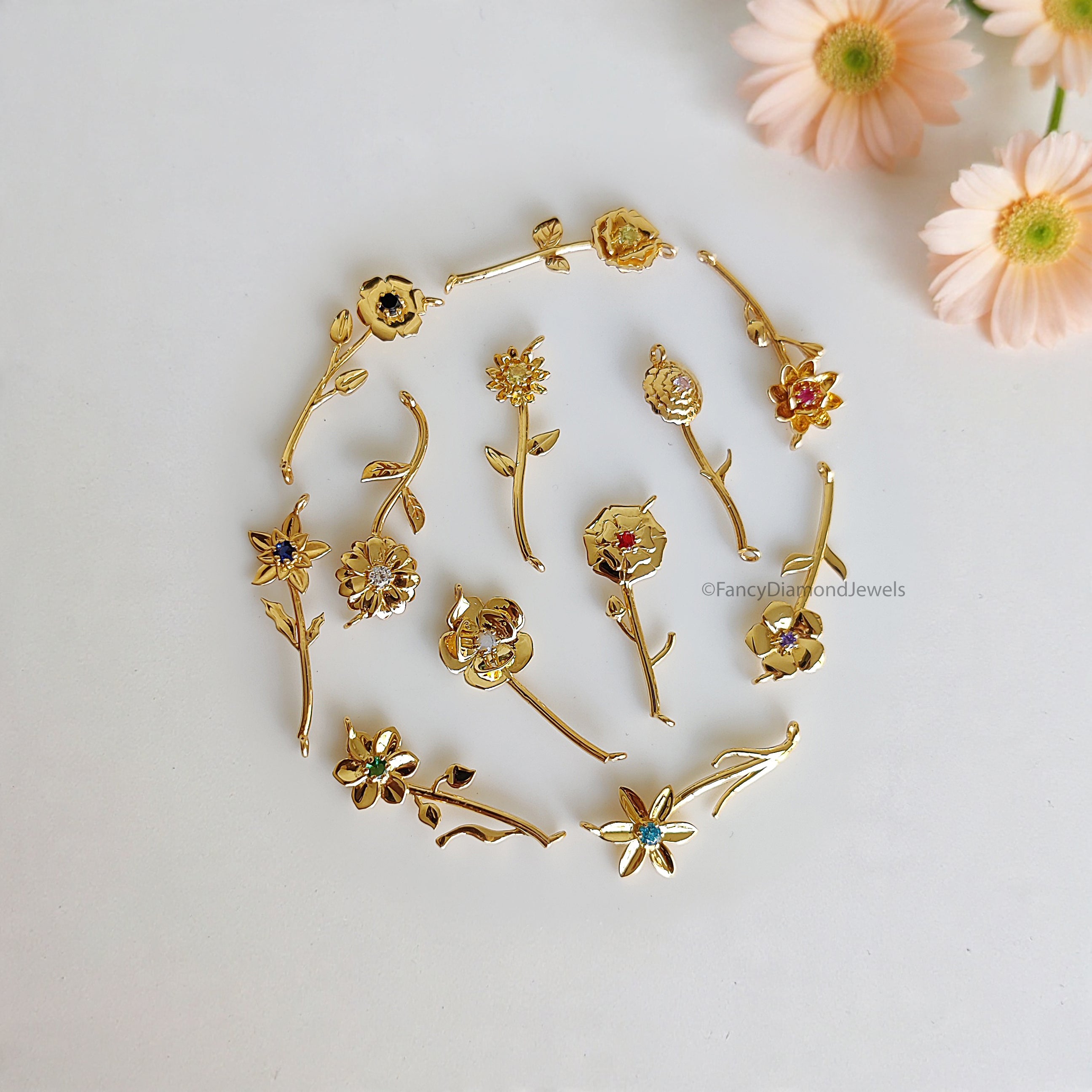 Silver Filled Birth Flower Necklace Horizontal Floral Pendant Dainty Minimalist Birthstone Flower Necklace Personalized Gift for Her FD545