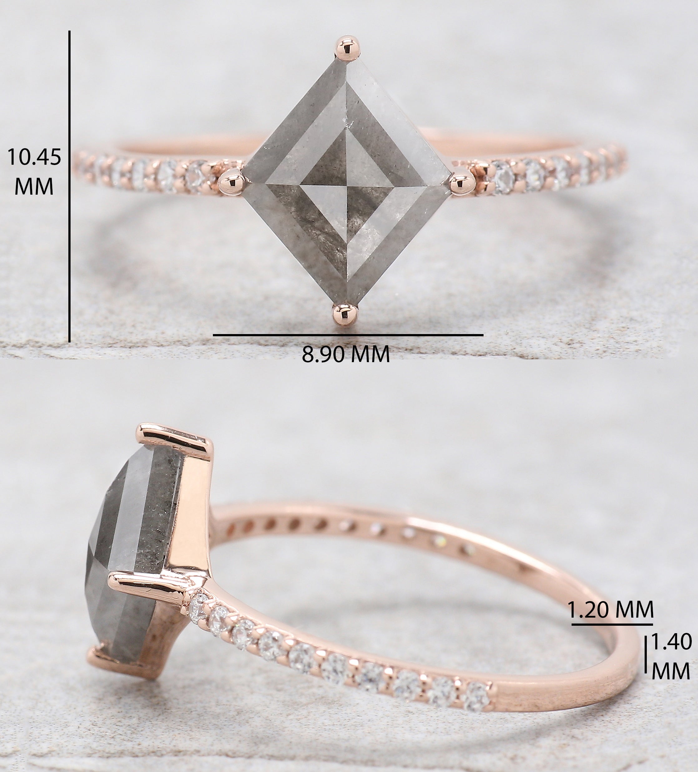 Kite Cut Salt And Pepper Diamond Ring 1.50 Ct 9.60 MM Kite Diamond Ring 14K Solid Rose Gold Silver Kite Engagement Ring Gift For Her QK2049