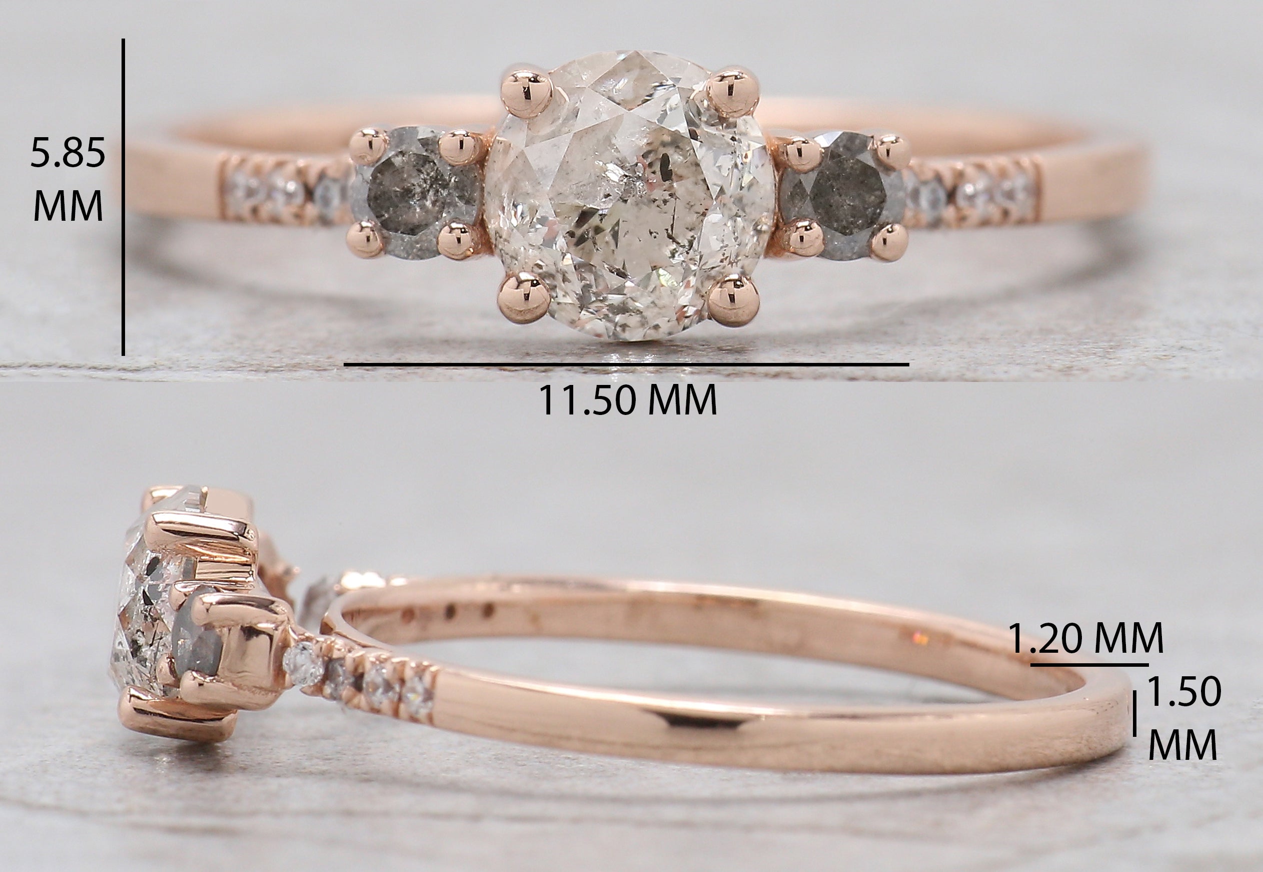 Round Cut Salt And Pepper Diamond Ring 0.83 Ct 5.64 MM Round Diamond Ring 14K Solid Rose Gold Silver Engagement Ring Gift For Her QN2184