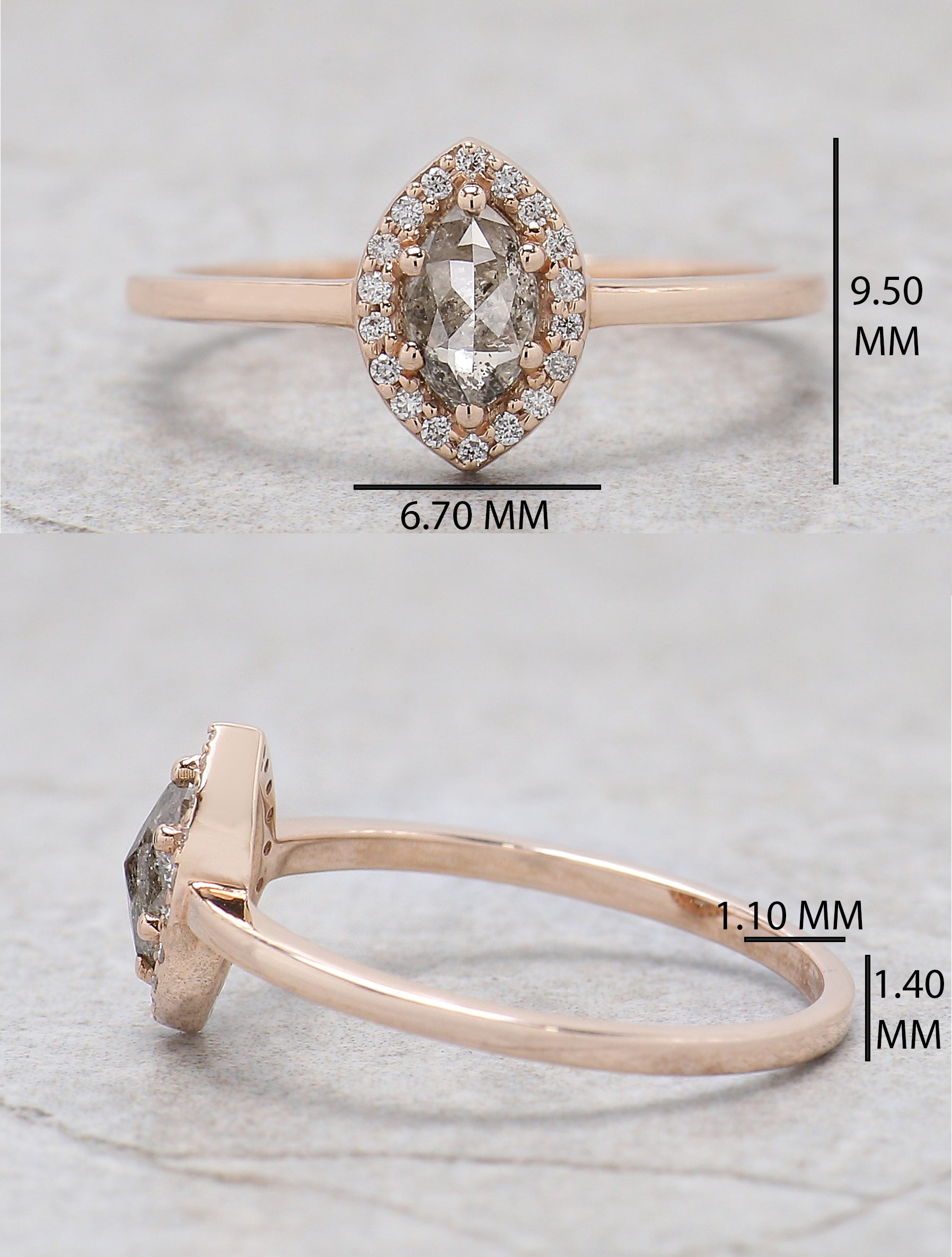 0.43 Ct Natural Marquise Salt And Pepper Diamond Ring 6.30 MM Marquise Cut Ring 14K Solid Rose Gold Silver Halo Engagement Ring KD1119
