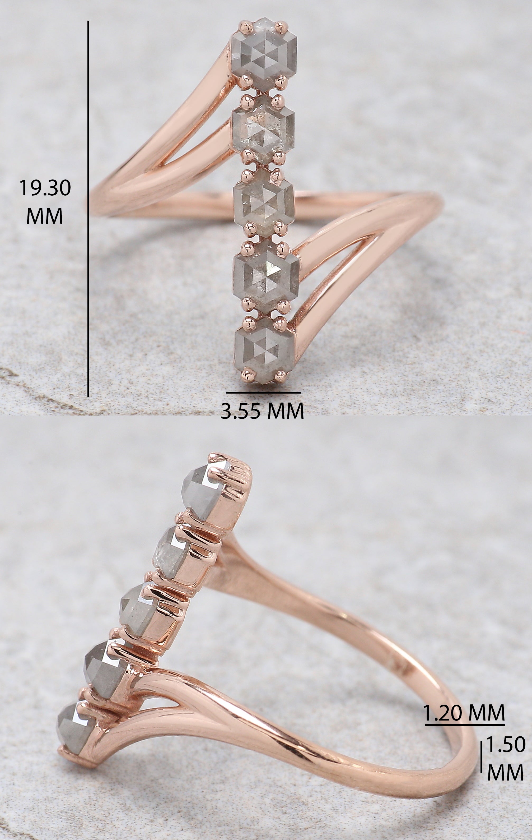 Hexagon Grey Color Diamond Ring 1.01 Ct 3.40 MM Hexagon Shape Diamond Ring 14K Solid Rose Gold Silver Engagement Ring Gift For Her QK1837