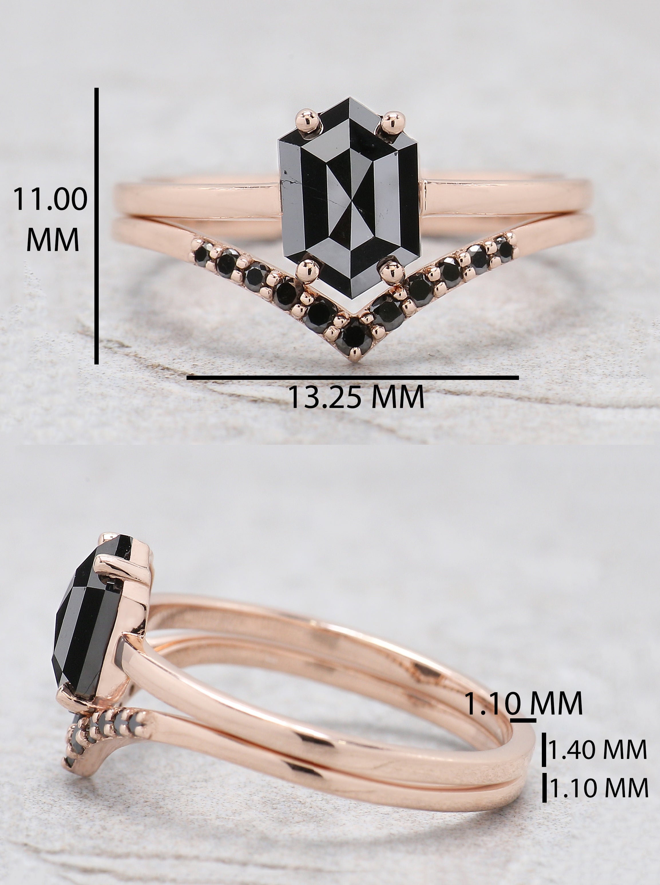 1.13 Ct Natural Hexagon Shape Black Color Diamond Ring 7.90 MM Hexagon Diamond Ring 14K Solid Rose Gold Silver Engagement Ring QL9082