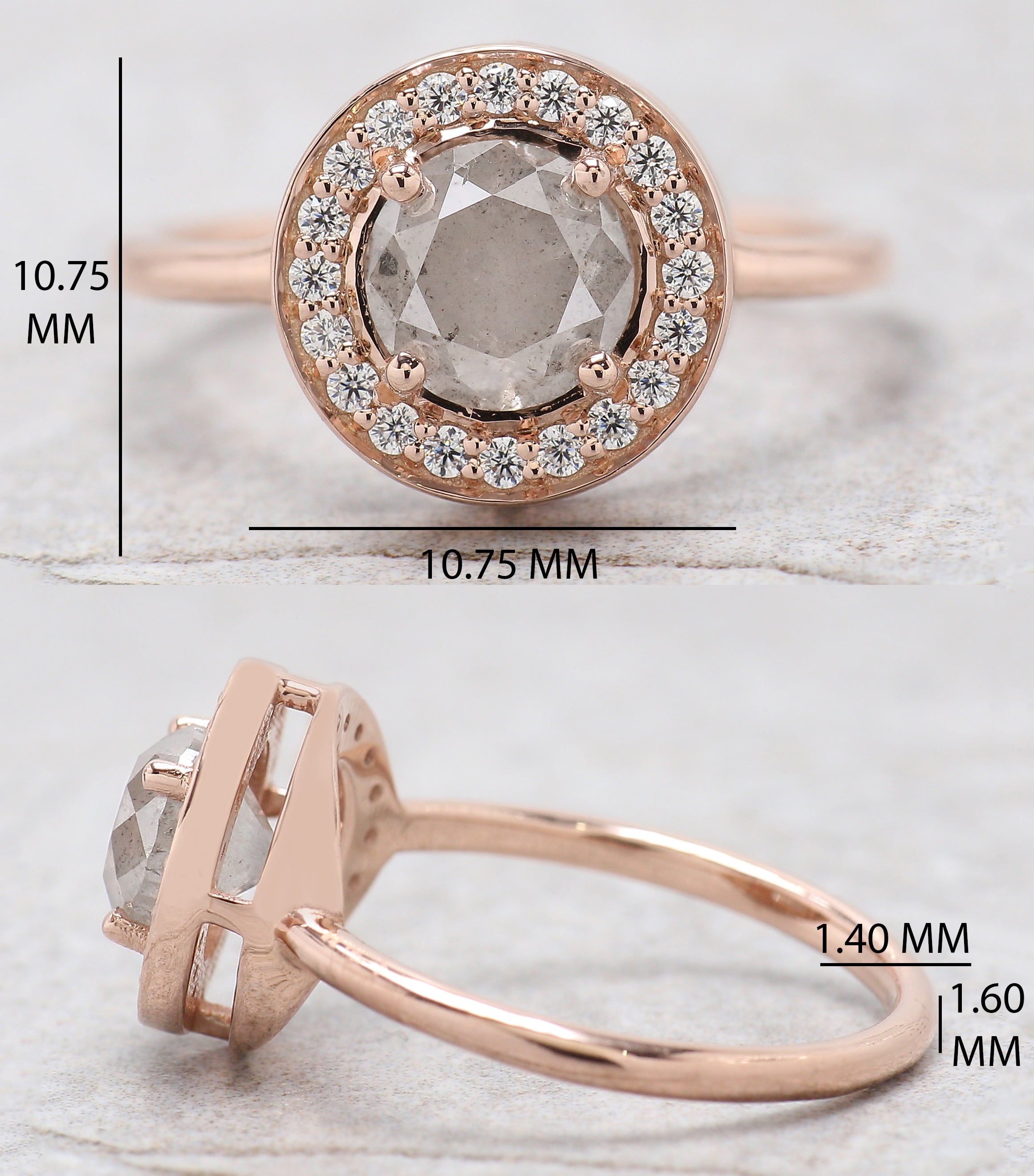 Round Cut Salt And Pepper Diamond Ring 1.25 Ct 6.15 MM Round Diamond Ring 14K Solid Rose Gold Silver Engagement Ring Gift For Her QN486