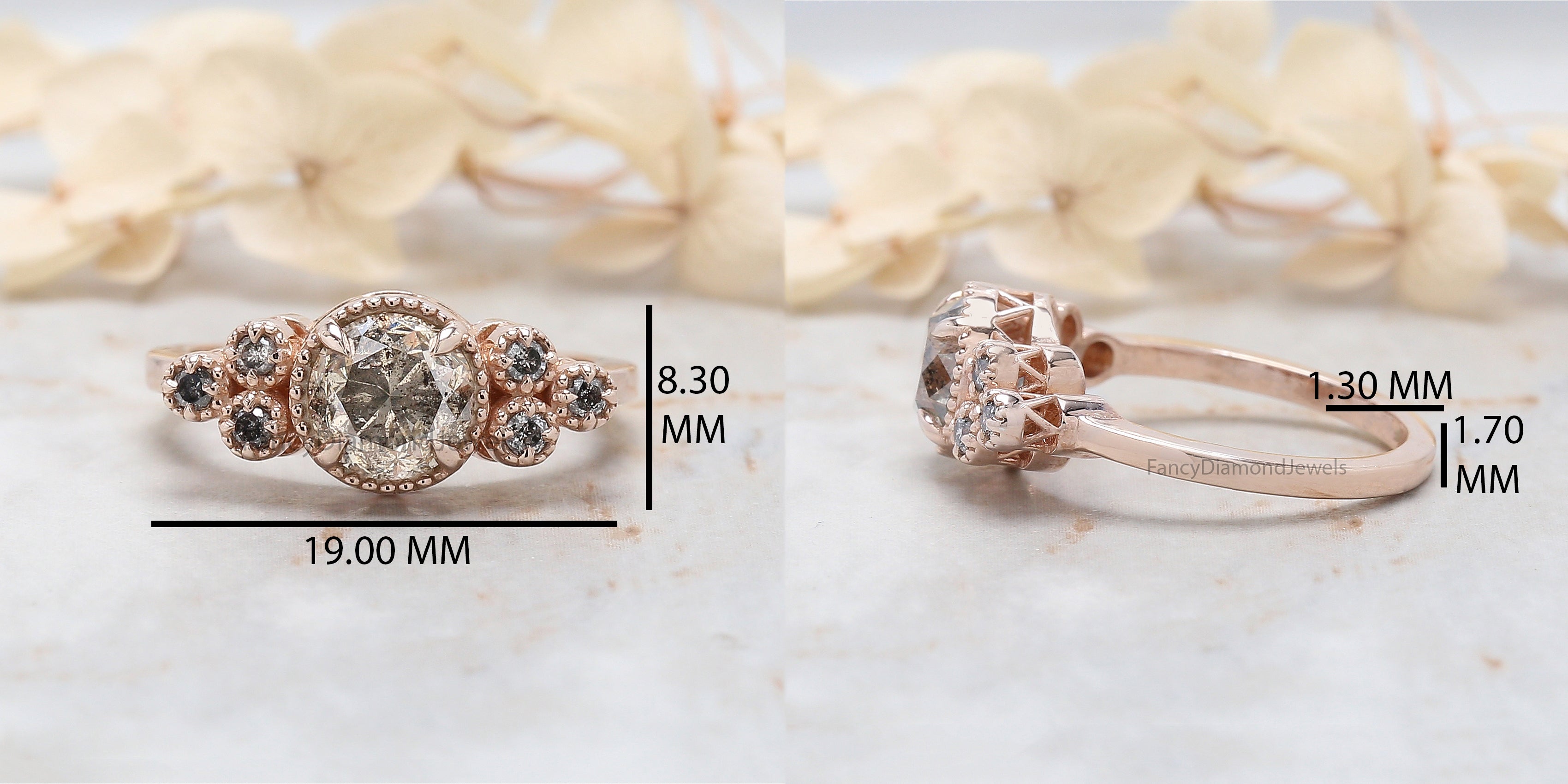 Round Cut Salt And Pepper Diamond Ring 1.57 Ct 6.90 MM Round Diamond Ring 14K Solid Rose Gold Silver Engagement Ring Gift For Her QL8546
