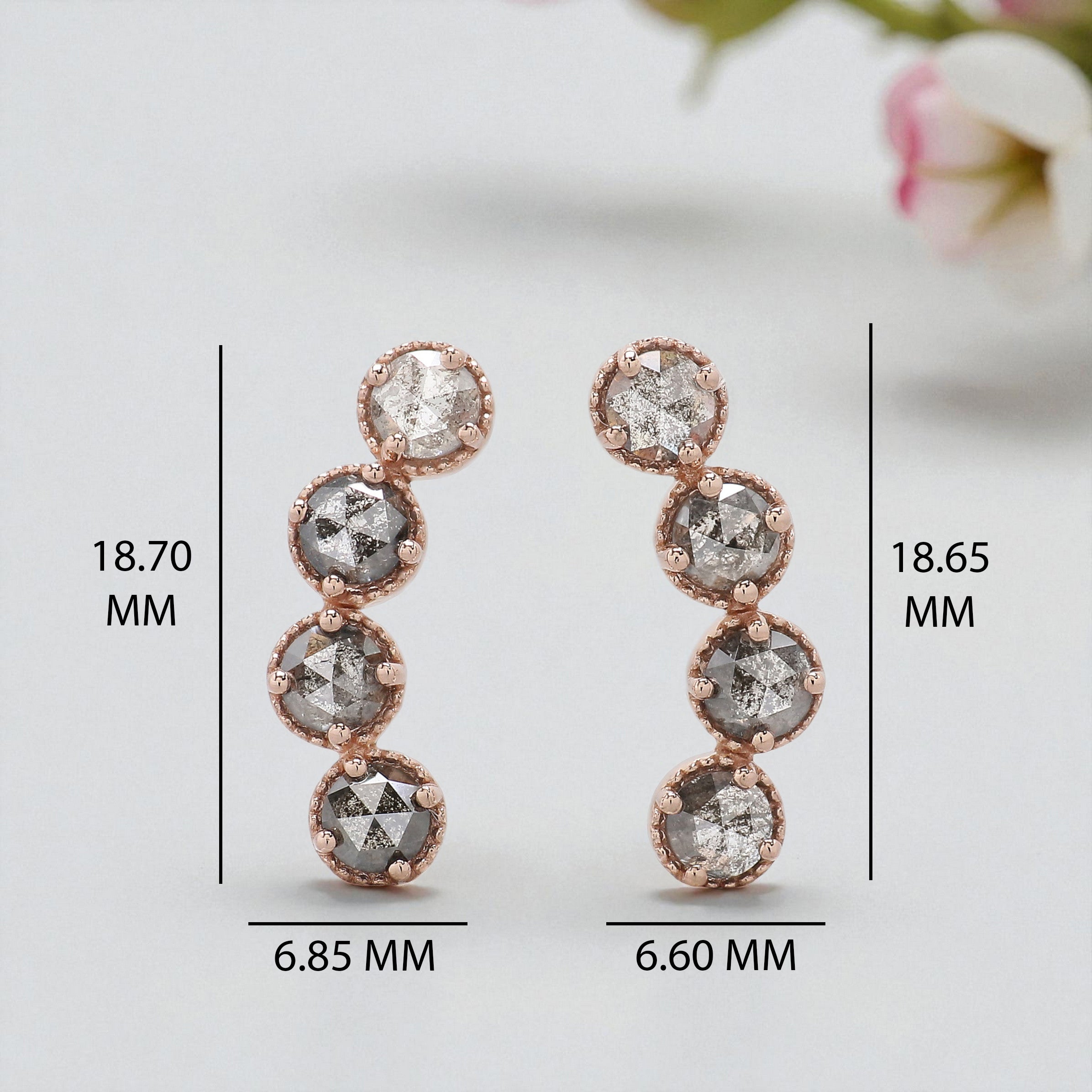 Round Rose Cut Salt And Pepper Diamond Earring 1.40 Ct 3.70 MM Round Diamond Earring 14K Solid Rose Gold Silver Earring Gift For Her KDL2391