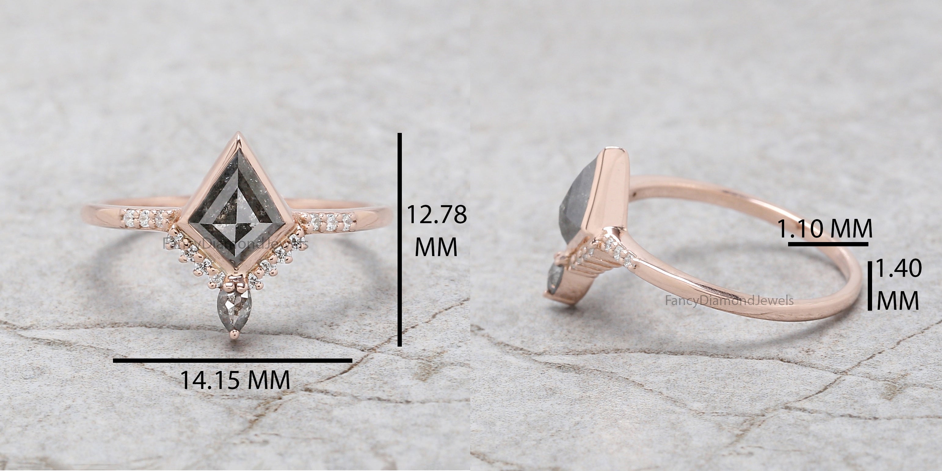 Kite Cut Salt And Pepper Diamond Ring 0.60 Ct 7.20 MM Kite Diamond Ring 14K Solid Rose Gold Silver Kite Engagement Ring Gift For Her QN2095
