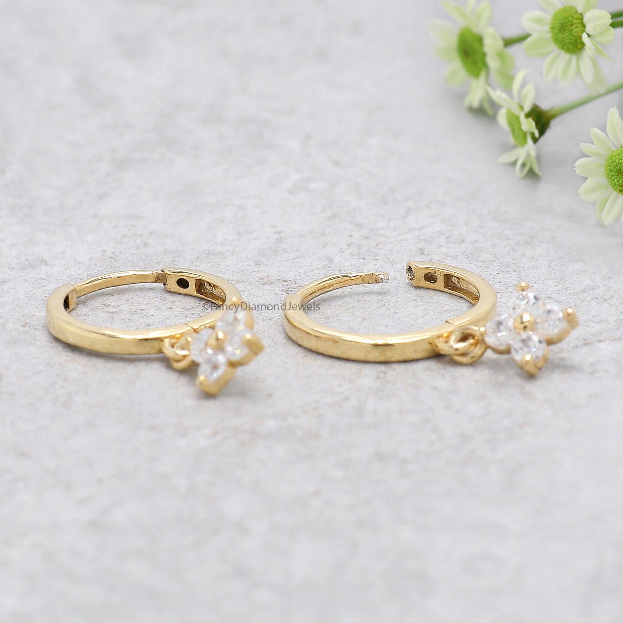 Round Diamond Flower Huggie Hoop Earrings, Minimalist Gold Dangle Earrings, Dainty Diamond Hoop, Bridesmaid Gift for Mom, Gift for Her FD551