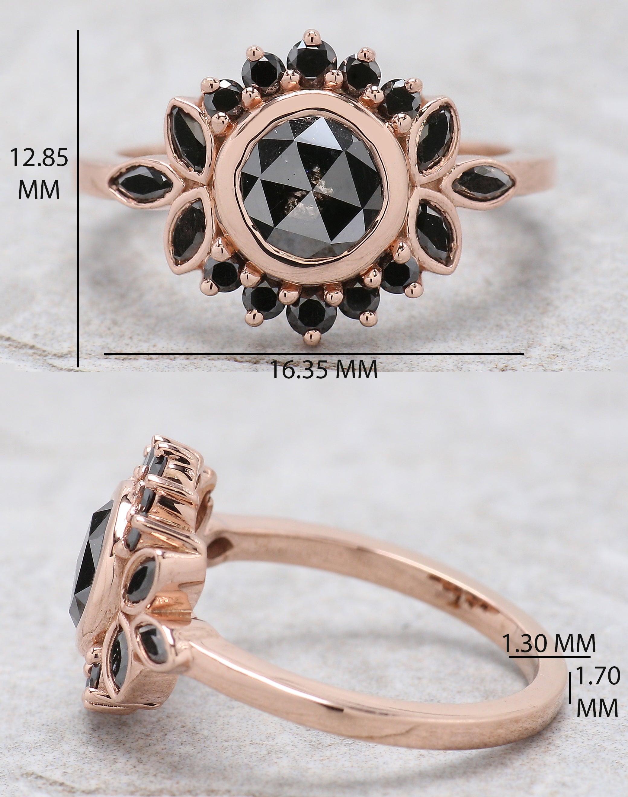 Round Rose Cut Black Color Diamond Ring 0.80 Ct 6.00 MM Rose Cut Diamond Ring 14K Solid Rose Gold Silver Engagement Ring Gift For Her QN9075
