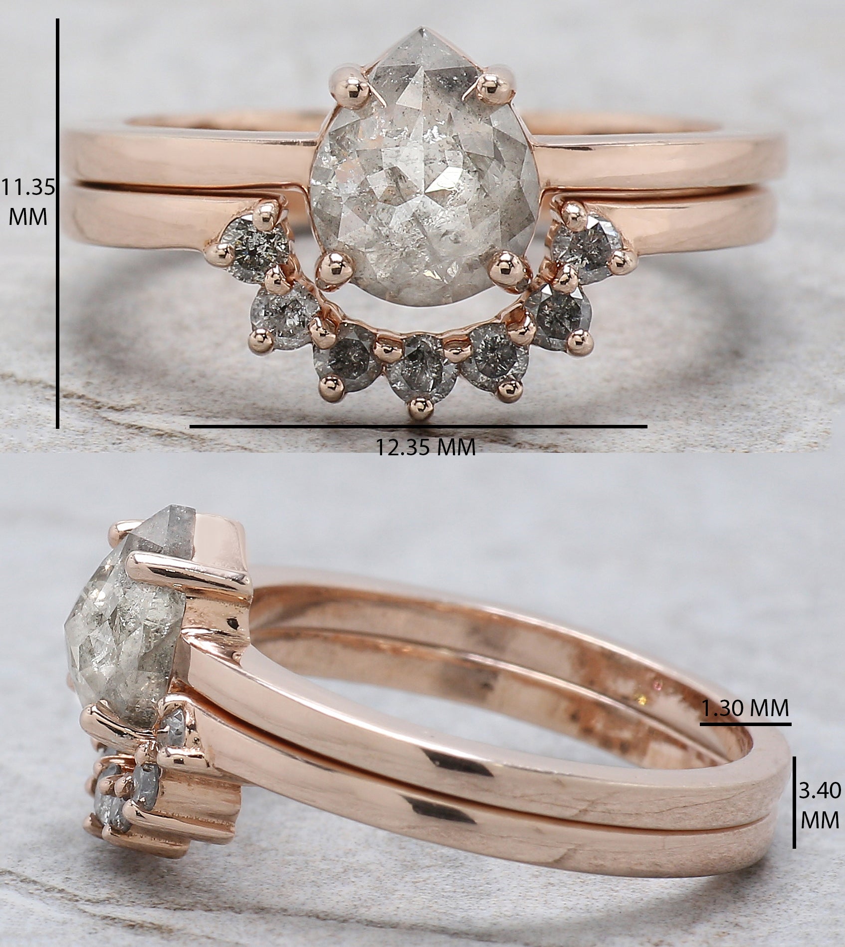 Pear Cut Salt And Pepper Diamond Ring 1.36 Ct 8.05 MM Pear Diamond Ring 14K Solid Rose Gold Silver Pear Engagement Ring Gift For Her QN9219