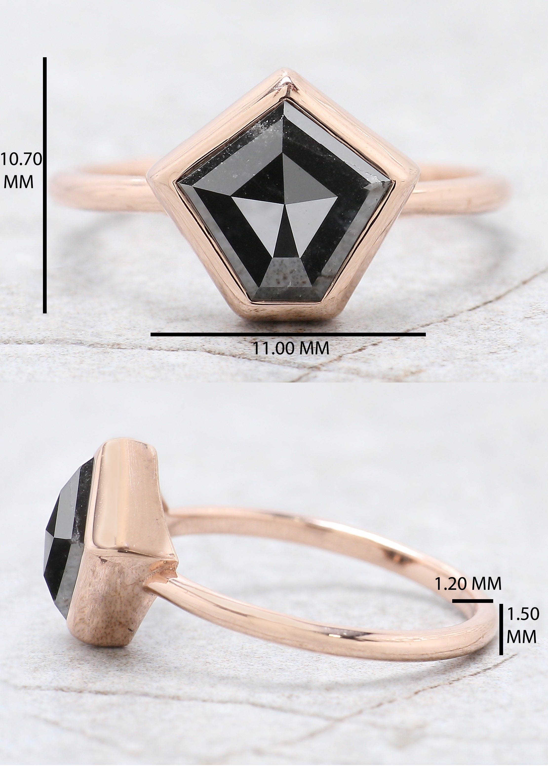 Pentagon Cut Black Color Diamond Ring 2.28 Ct 8.75 MM Pentagon Shape Diamond Ring 14K Rose Gold Silver Engagement Ring Gift For Her QL870