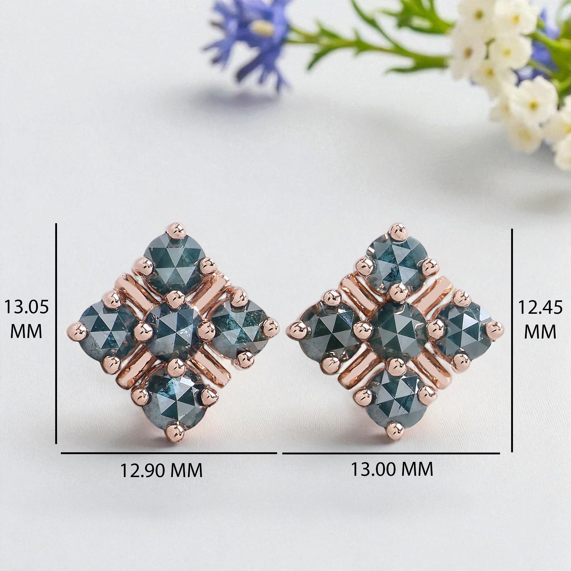 Round Rose Cut Blue Color Diamond Earring 2.03 Ct 3.90 MM Round Diamond Earring 14K Rose Gold Silver Engagement Earring Gift For Her QL2414