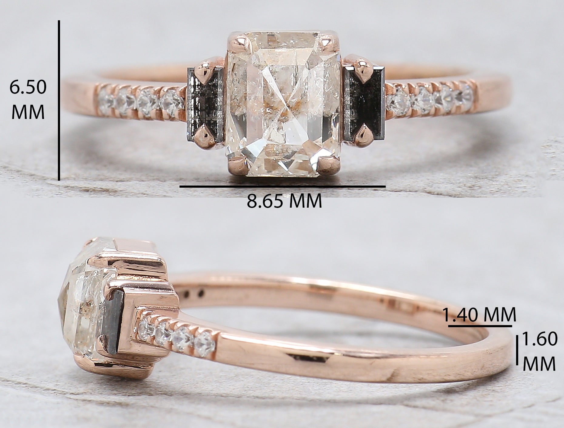 Emerald Cut Salt And Pepper Diamond Ring 1.05 Ct 6.28 MM Emerald Diamond Ring 14K Rose Gold Silver Engagement Ring Gift For Her QL2581