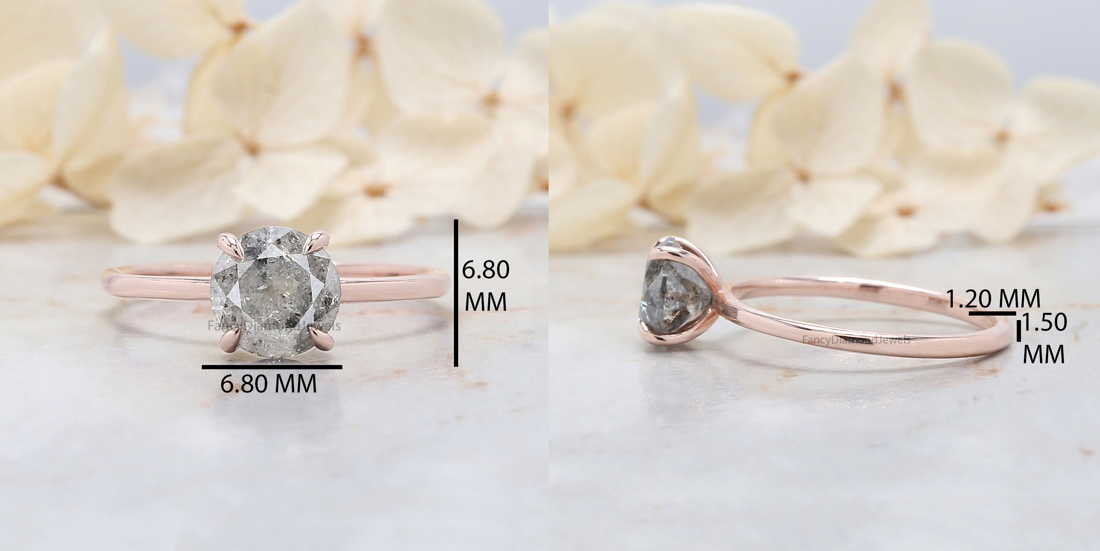 Round Cut Salt And Pepper Diamond Ring 1.31 Ct 6.76 MM Round Diamond Ring 14K Solid Rose Gold Silver Engagement Ring Gift For Her QL2032