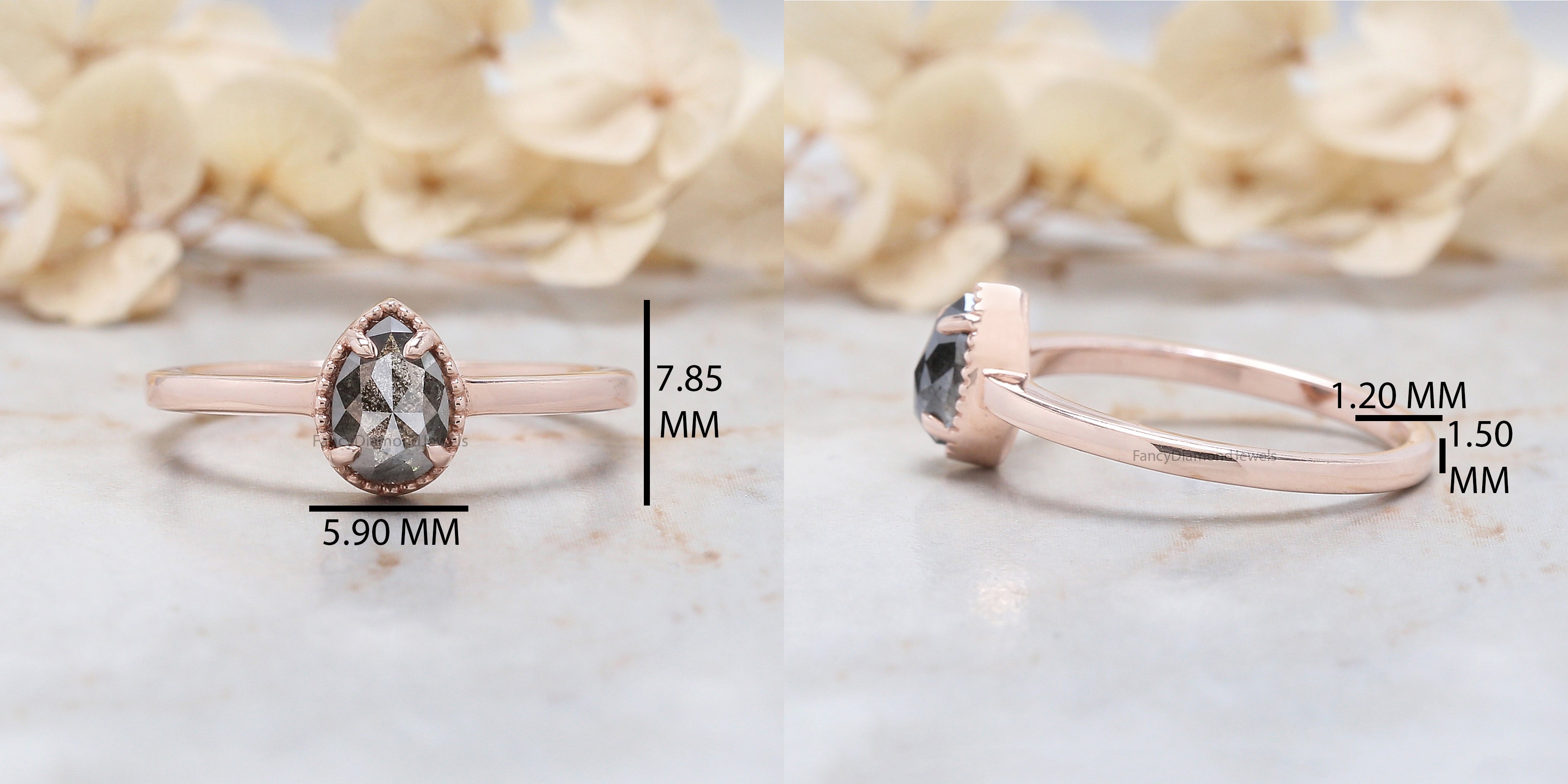 0.70 Ct Natural Pear Cut Salt And Pepper Diamond Ring 6.52 MM Pear Diamond Ring 14K Solid Rose Gold Silver Engagement Ring Pear Ring QL2359