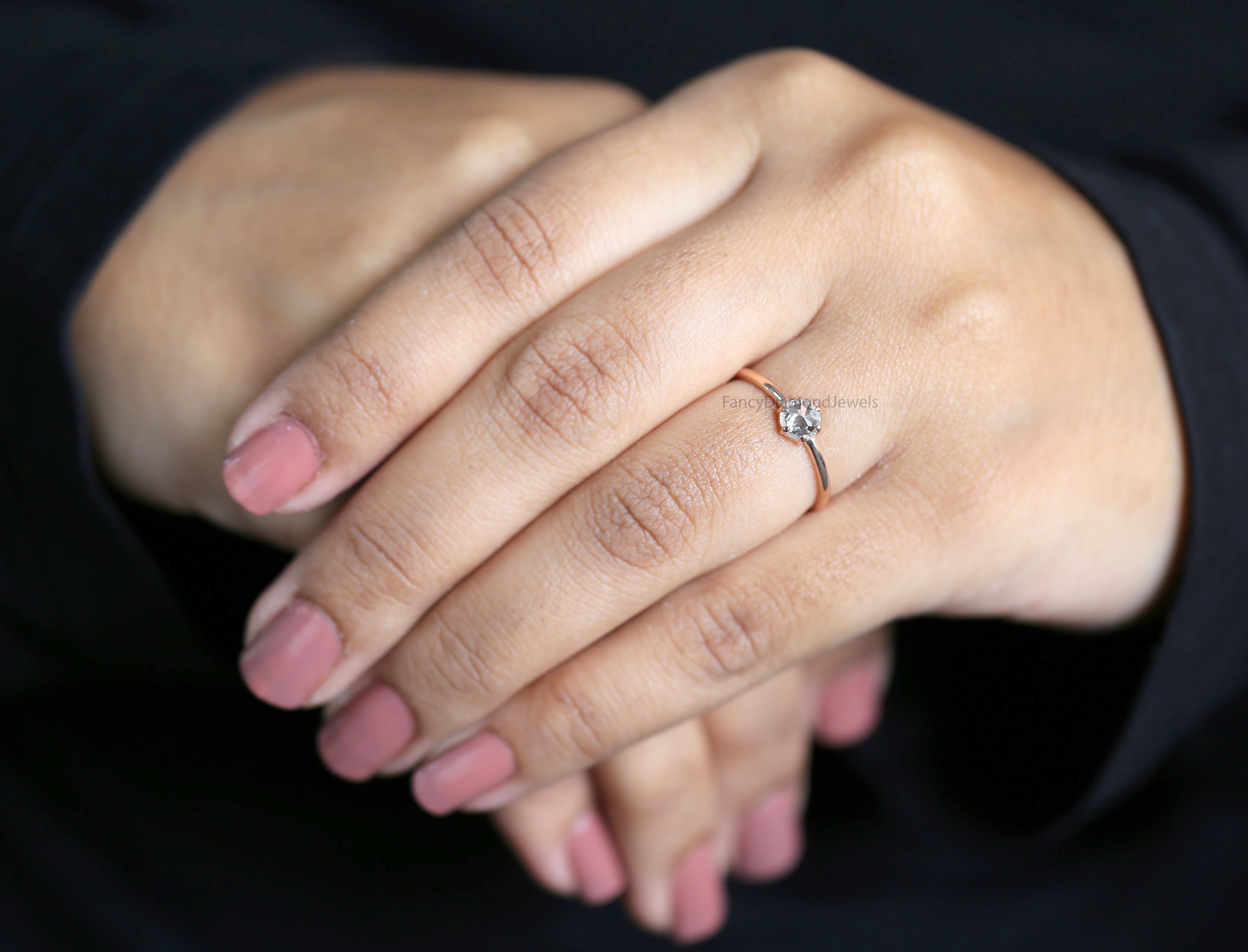 Round Rose Cut Salt And Pepper Diamond Ring 0.39 Ct 4.71 MM Round Diamond Ring 14K Rose Gold Silver Engagement Ring Gift For Her QN2238