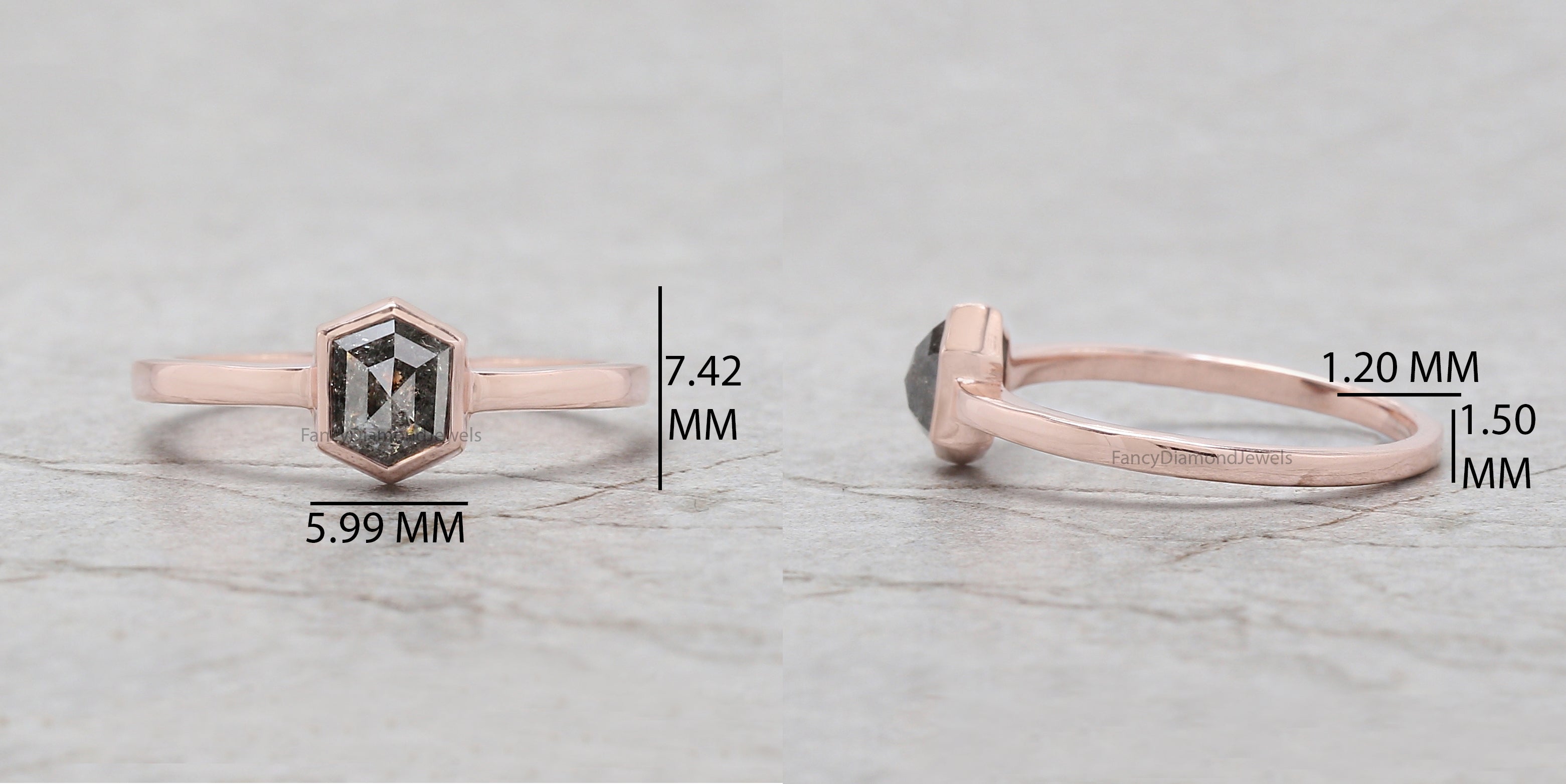 Hexagon Cut Salt And Pepper Diamond Ring 0.76 Ct 5.96 MM Hexagon Diamond Ring 14K Solid Rose Gold Silver Engagement Ring Gift For Her QN2187
