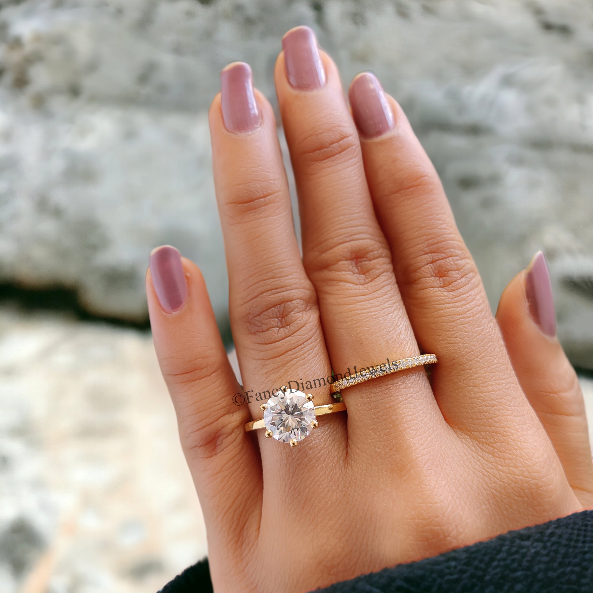 Round Moissanite Bridal Ring Solitaire Moissanite Engagement Ring Eternity Moissanite Wedding Band 14K Solid Gold Anniversary Ring Set FD98