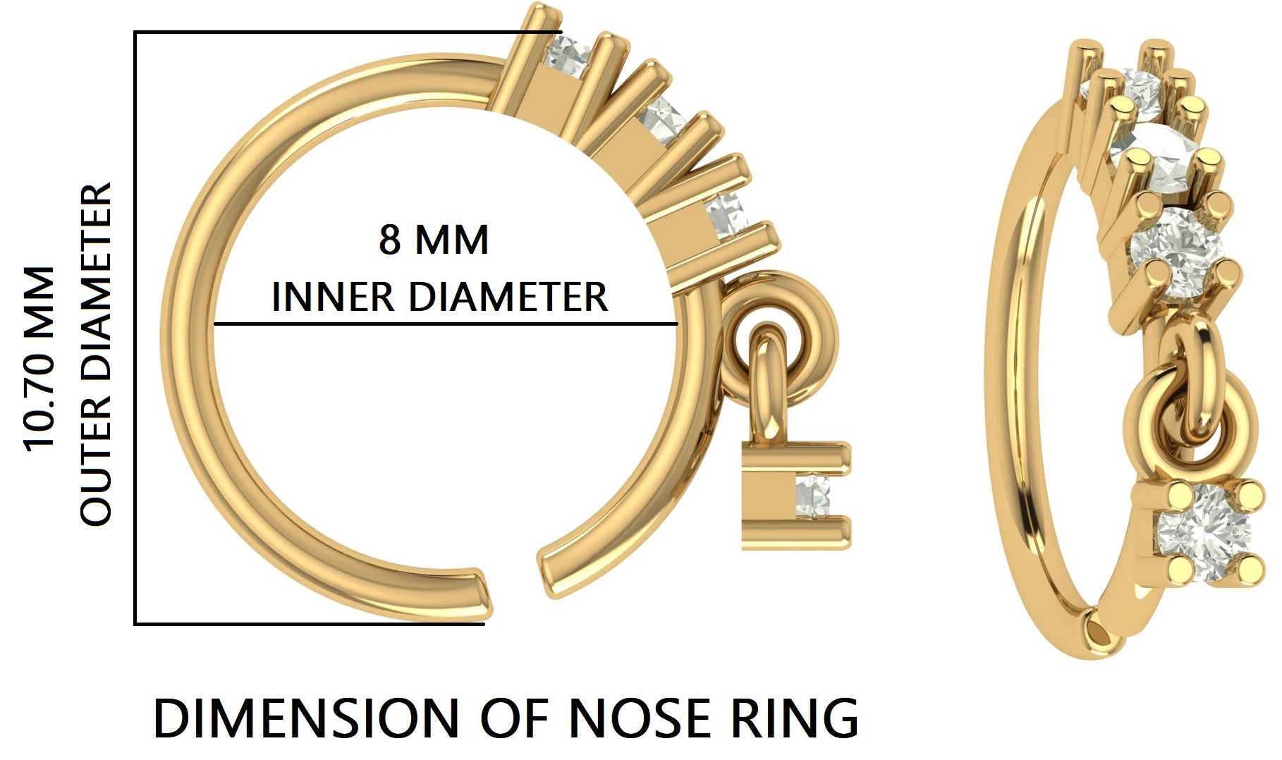 3 Diamond Gold Nose Ring With Diamond Dangling End Yellow Gold Nose Ring Gold Nose Ring Diamond Nose Stud Hoop FD486