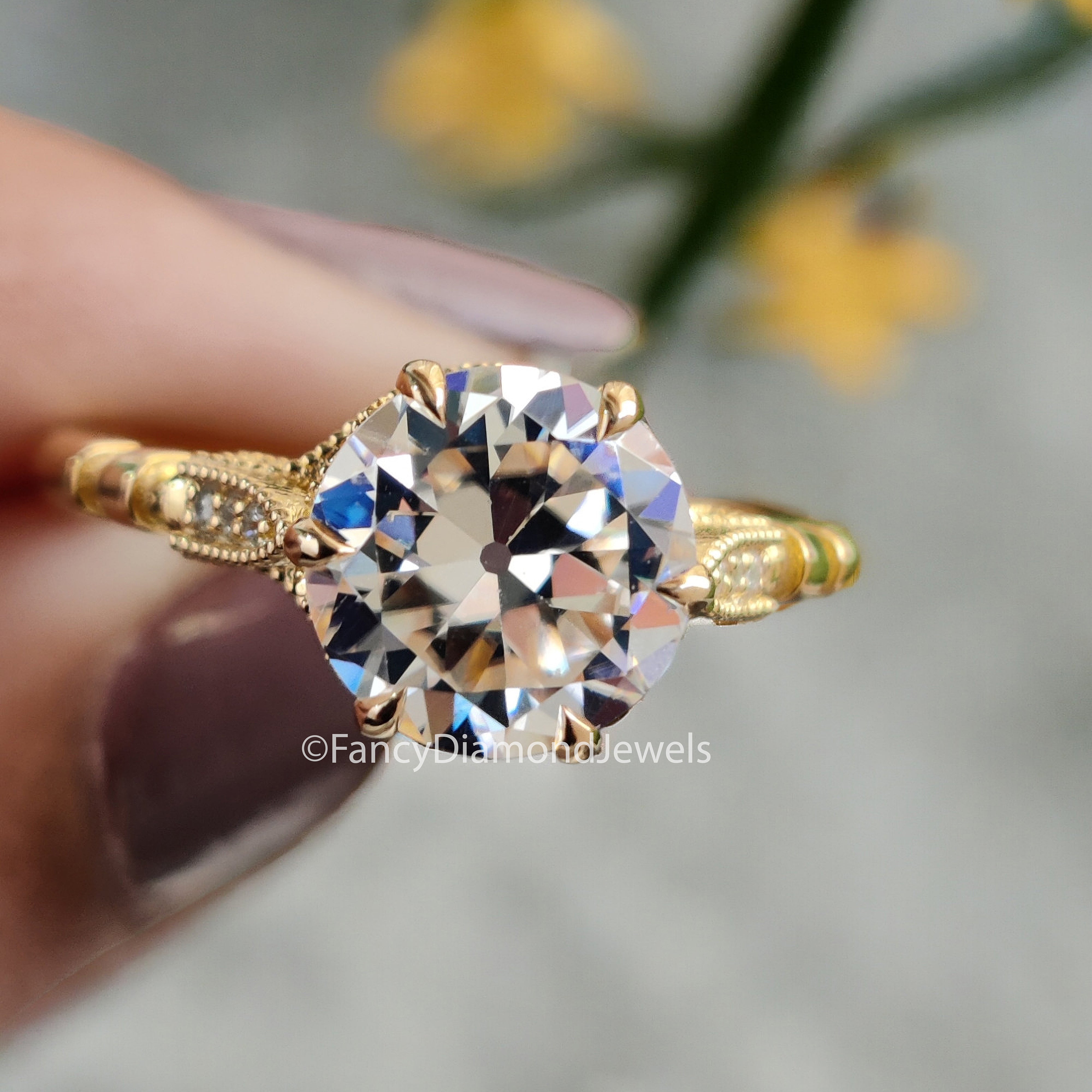2.15 CTW Old European Cut Vintage Ring Round OEC Colorless Moissanite Ring 14KT Gold Engagement Ring Milgarain Setting Antique Ring  FD02