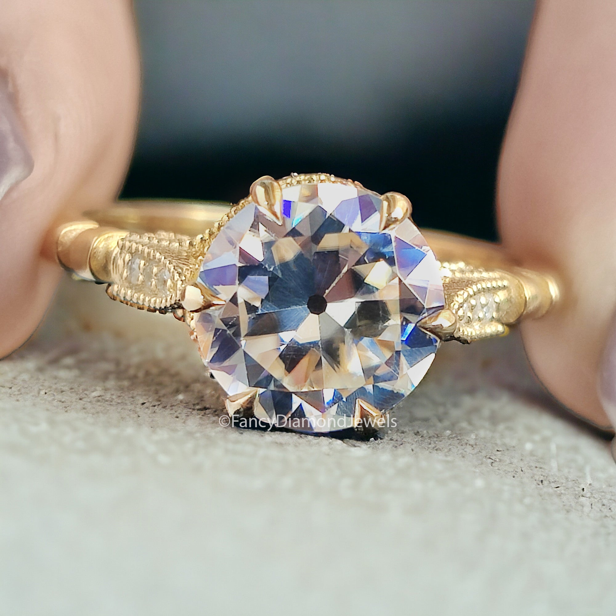 2.15 CTW Old European Cut Vintage Ring Round OEC Colorless Moissanite Ring 14KT Gold Engagement Ring Milgarain Setting Antique Ring  FD02