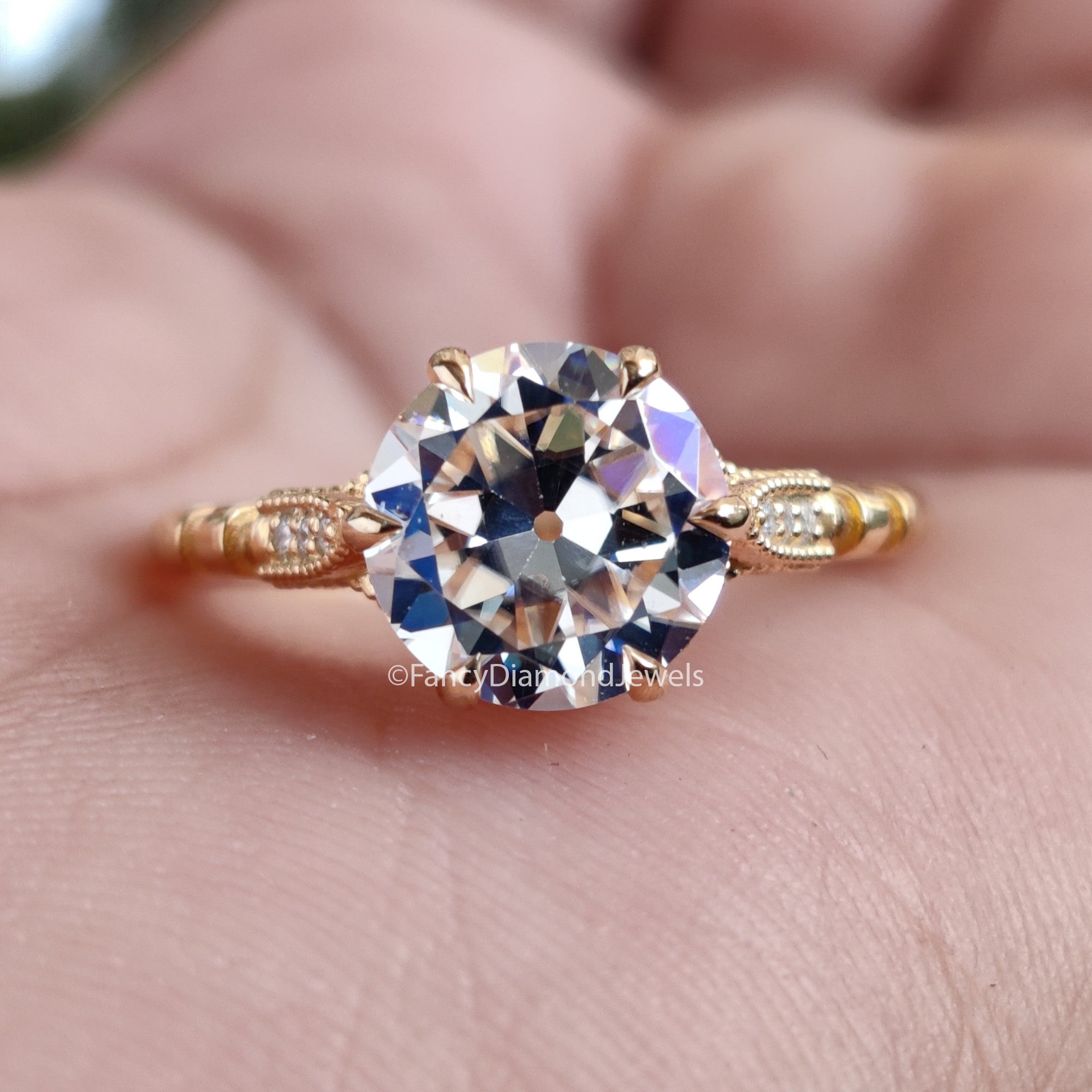 2.15 CTW Old European Cut Vintage Ring Round OEC Colorless Moissanite Ring 14KT Gold Engagement Ring Milgarain Setting Antique Ring  FD02