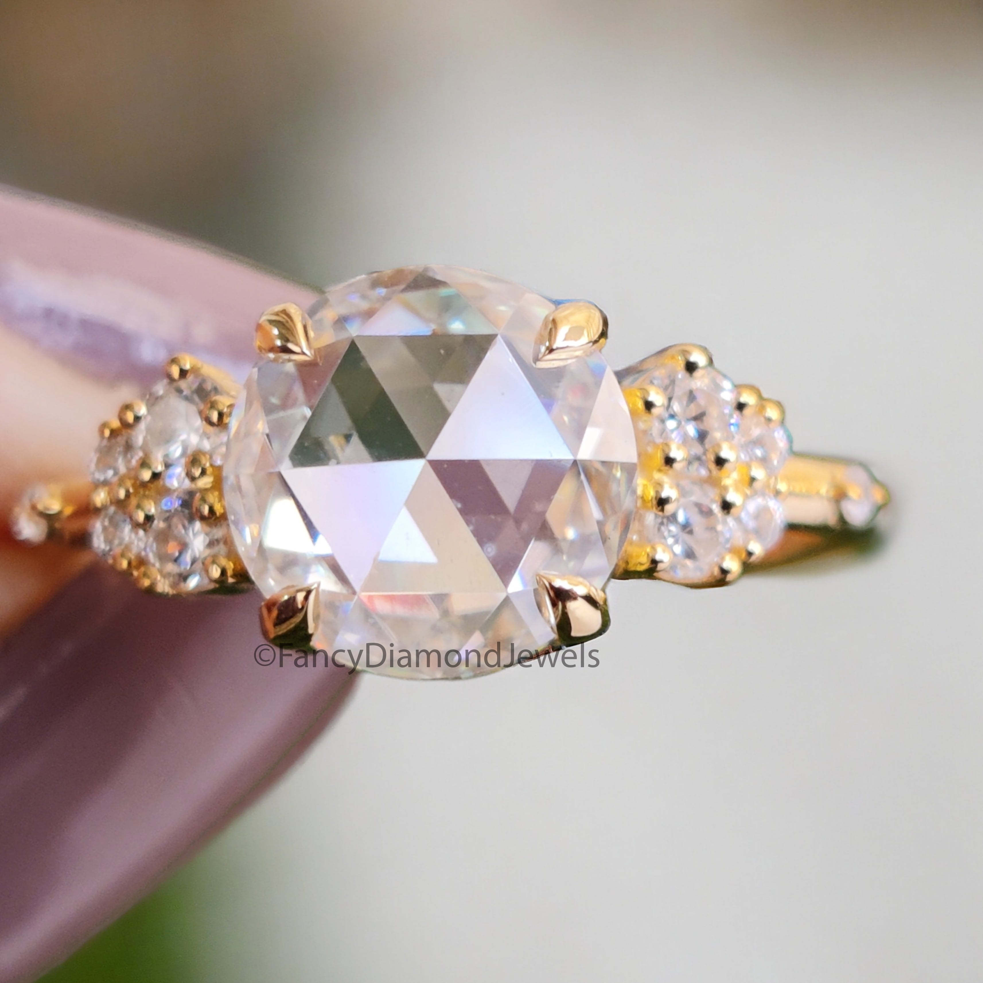 2.20 CTW Round Rose Cut Colorless Moissanite Ring Vintage Engagement Claw Prongs Wedding Ring Anniversary Gift Designer Style Gold Ring FD05