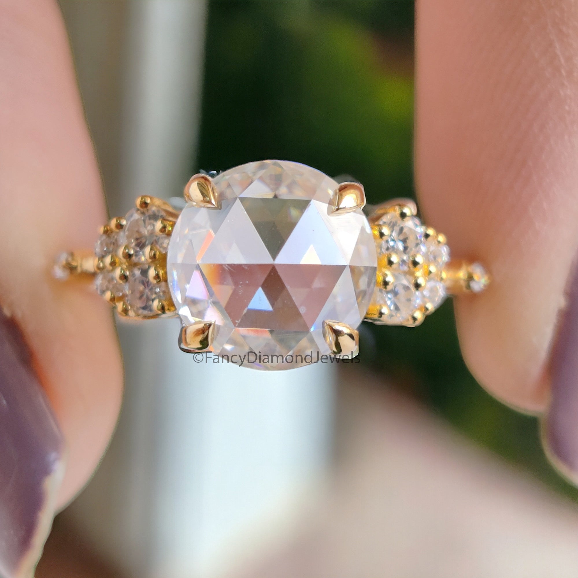 2.20 CTW Round Rose Cut Colorless Moissanite Ring Vintage Engagement Claw Prongs Wedding Ring Anniversary Gift Designer Style Gold Ring FD05