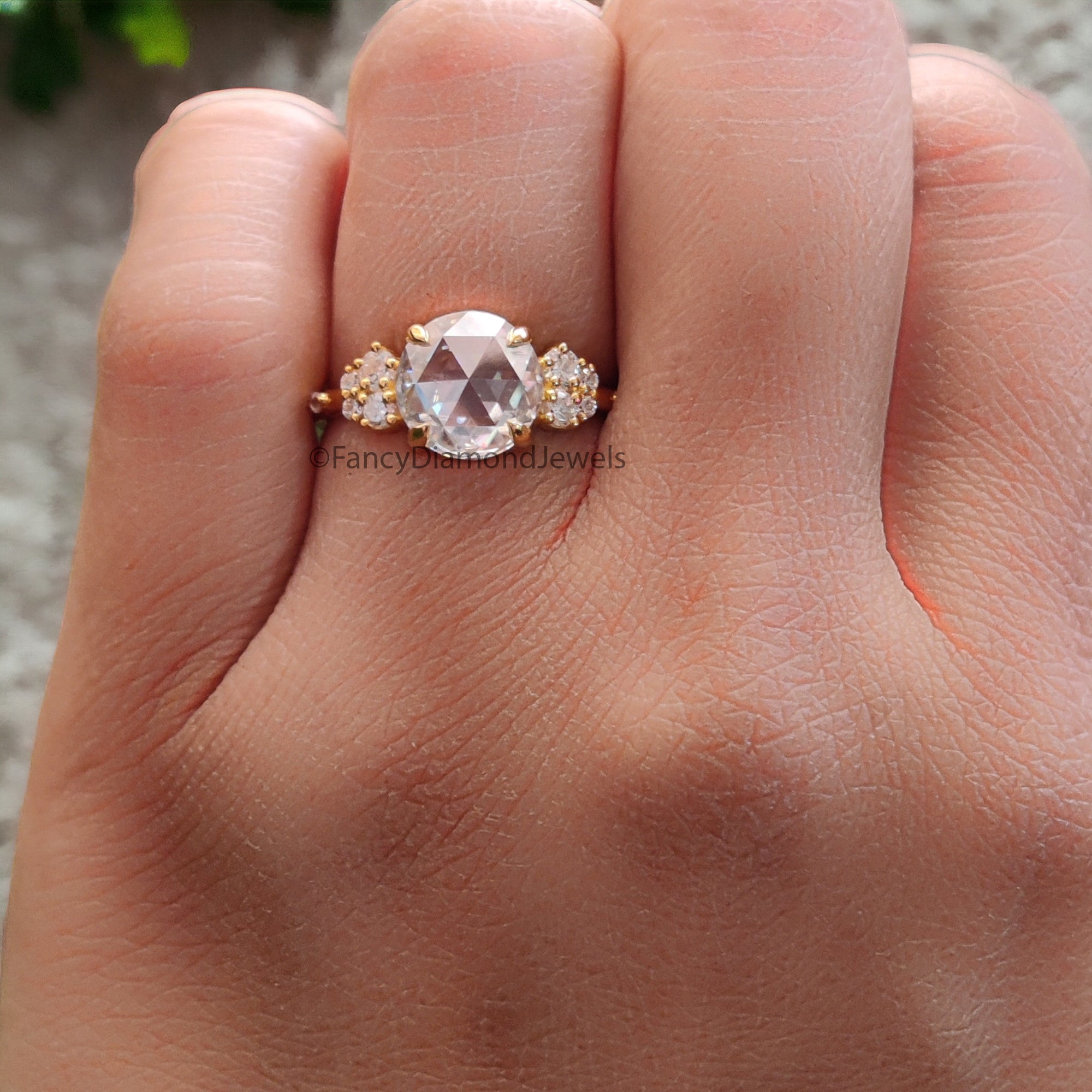 2.20 CTW Round Rose Cut Colorless Moissanite Ring Vintage Engagement Claw Prongs Wedding Ring Anniversary Gift Designer Style Gold Ring FD05