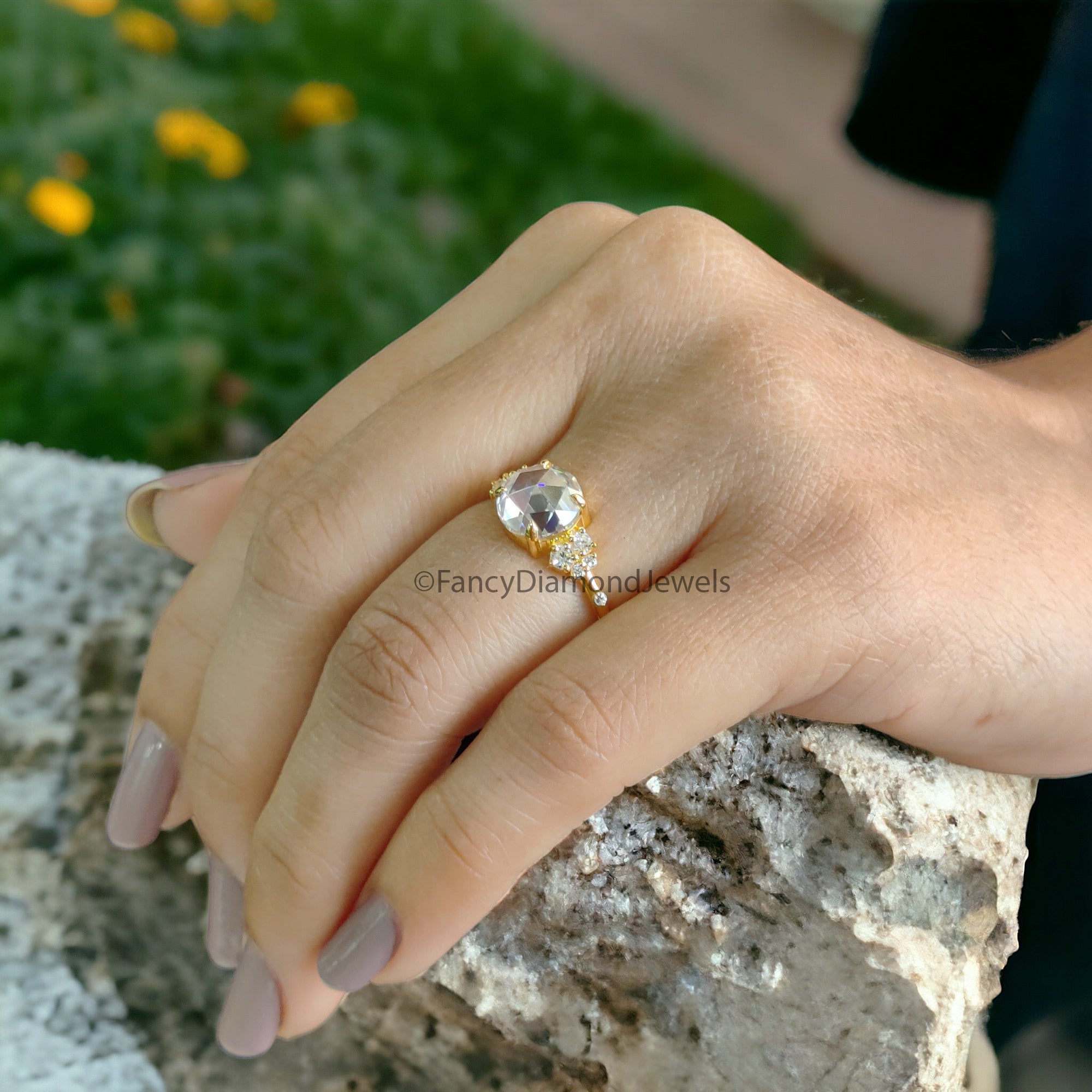 2.20 CTW Round Rose Cut Colorless Moissanite Ring Vintage Engagement Claw Prongs Wedding Ring Anniversary Gift Designer Style Gold Ring FD05